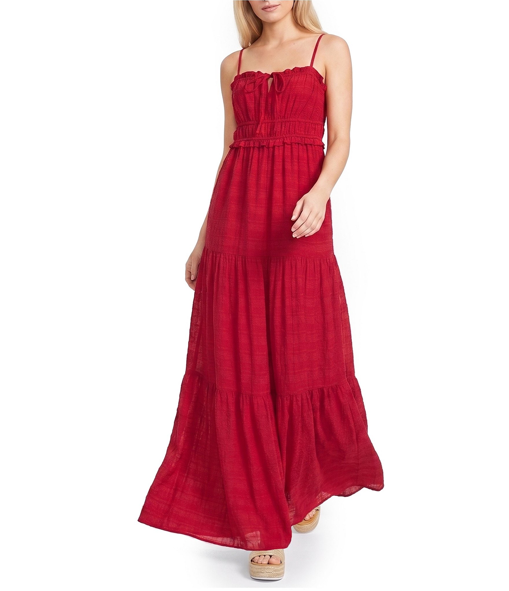 Evolutionary Spaghetti Strap Tie Front Tiered Maxi Dress
