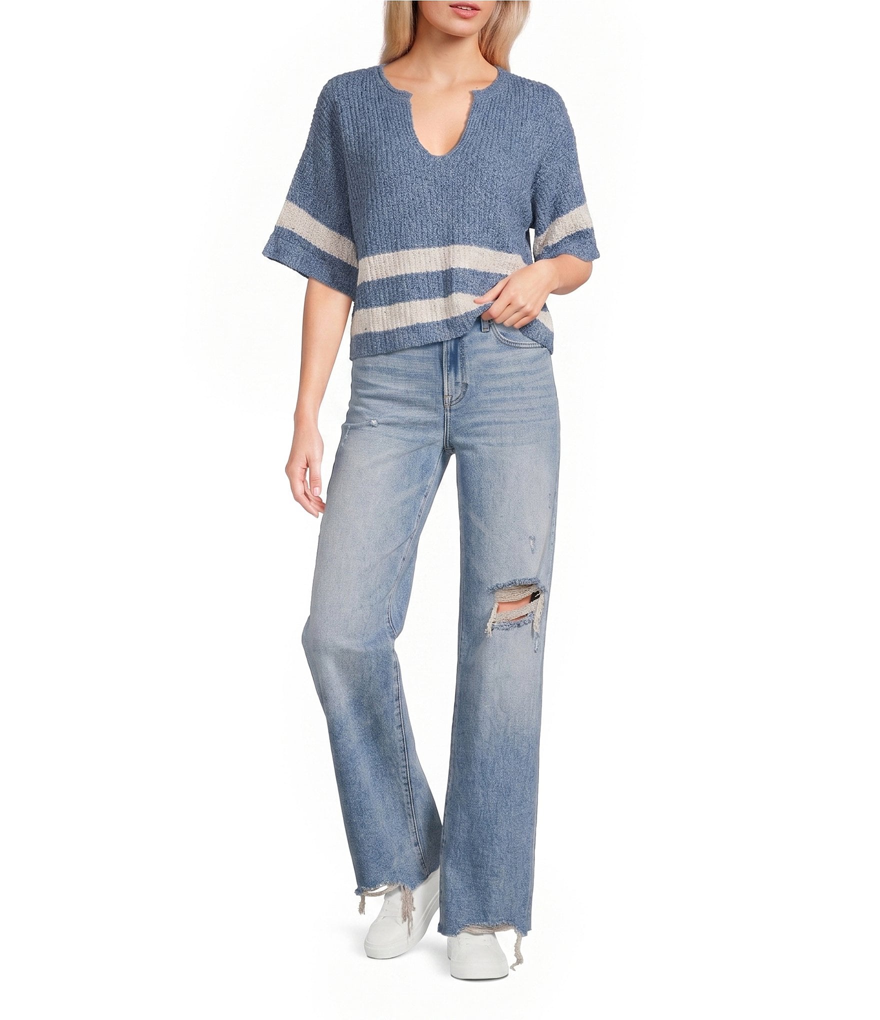 Evolutionary Split V-Neck Short Sleeve Sweater
