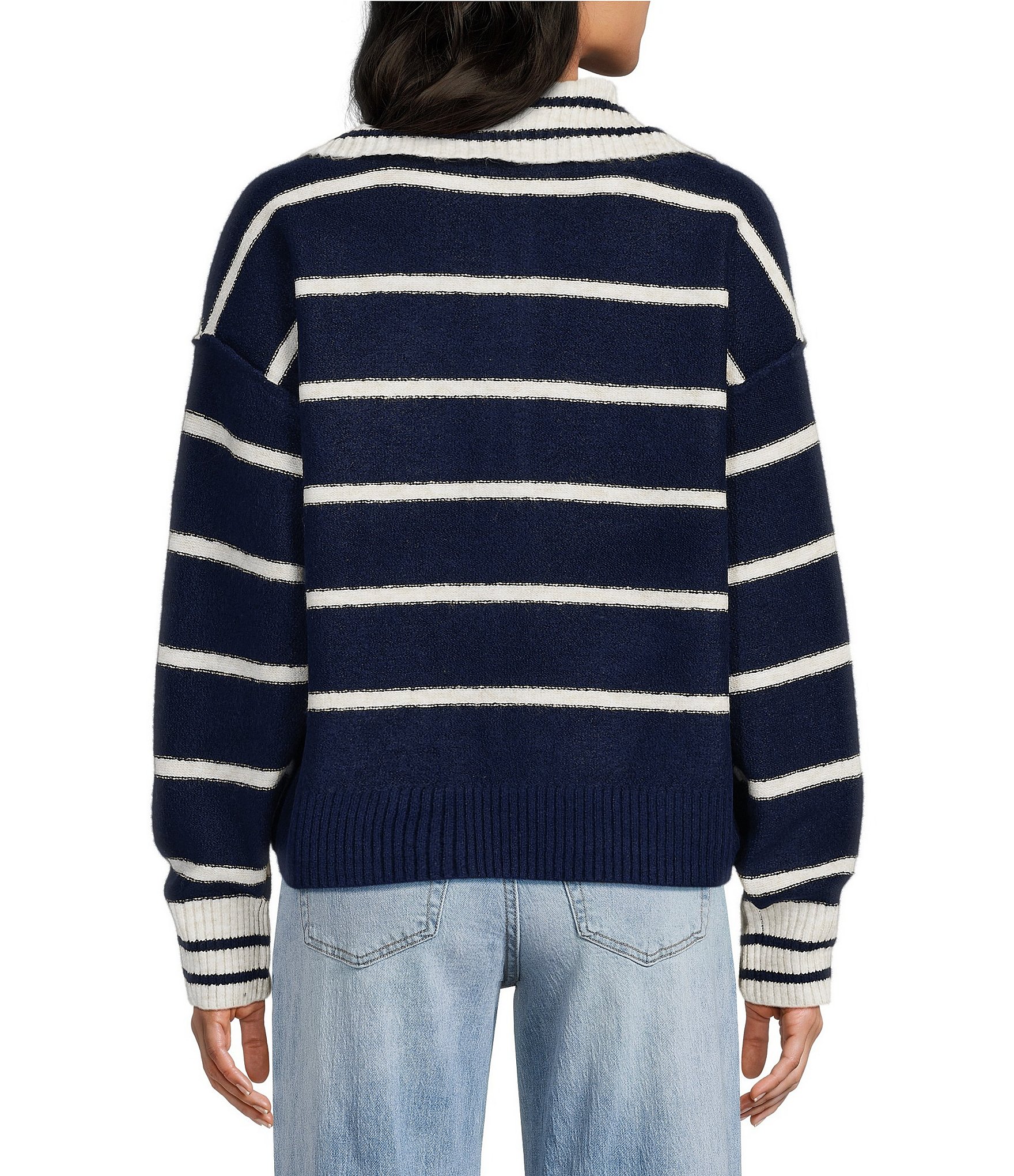 Evolutionary Striped Collard V-Neck Long Sleeve Sweater