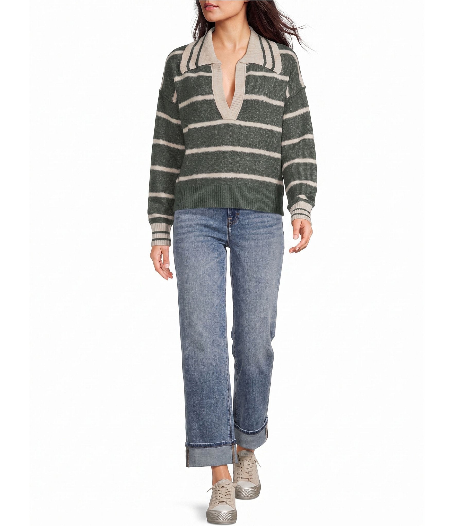 Evolutionary Striped V-Neck Collard Sweater