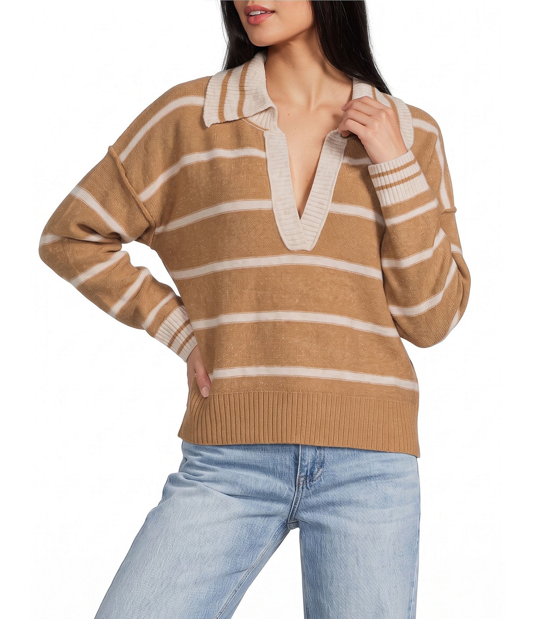 Evolutionary Striped V-Neck Collard Sweater