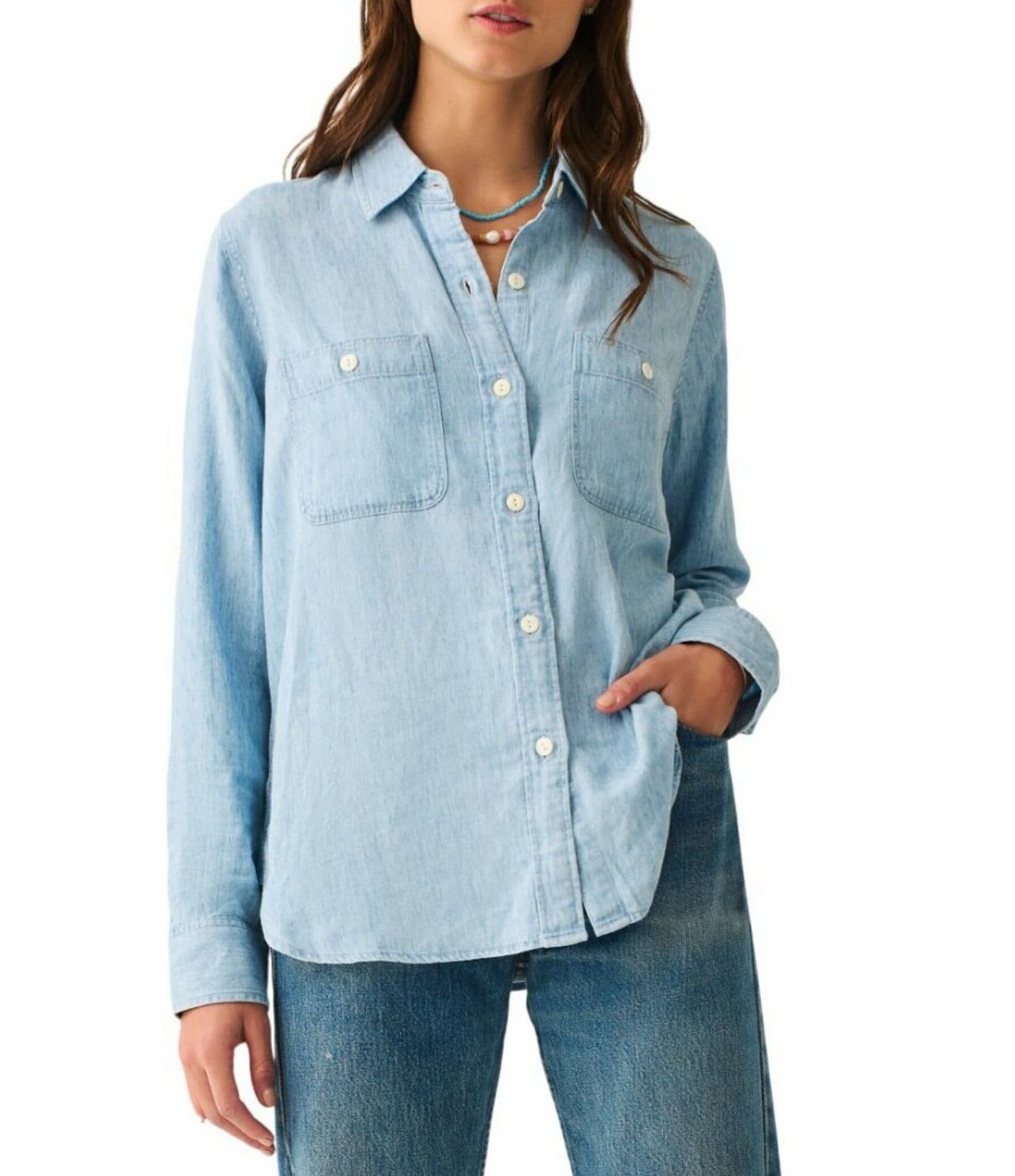 Faherty Chambray Woven Spread Collar Long Sleeve Button Front Shirt