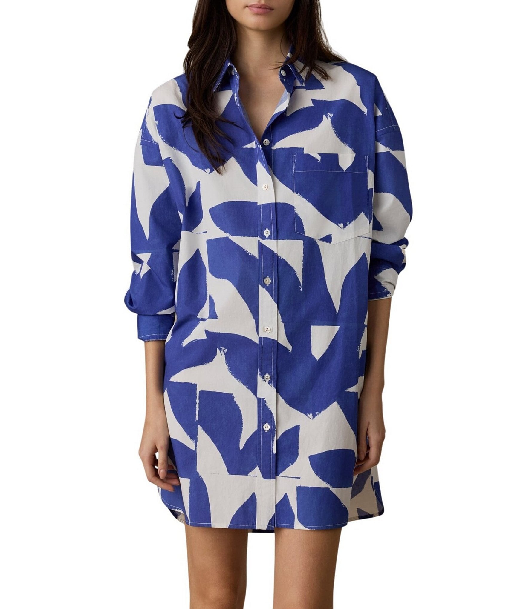 Faherty Kova Leaf Print Spread Collar Long Sleeve Button Front Shirt