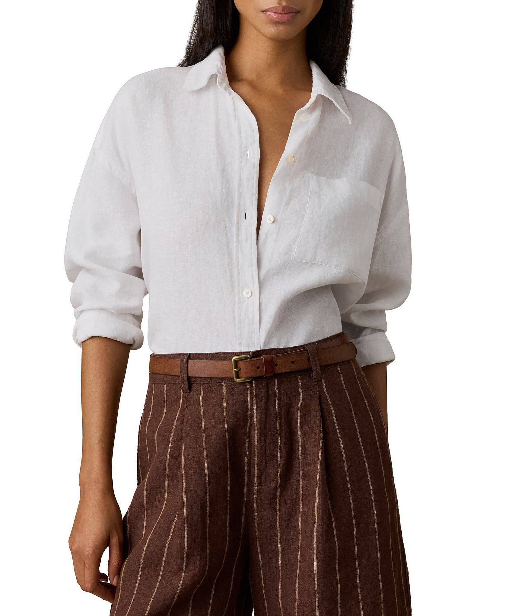 Faherty Linen Point Collar Long Sleeve Button Front Relaxed Shirt