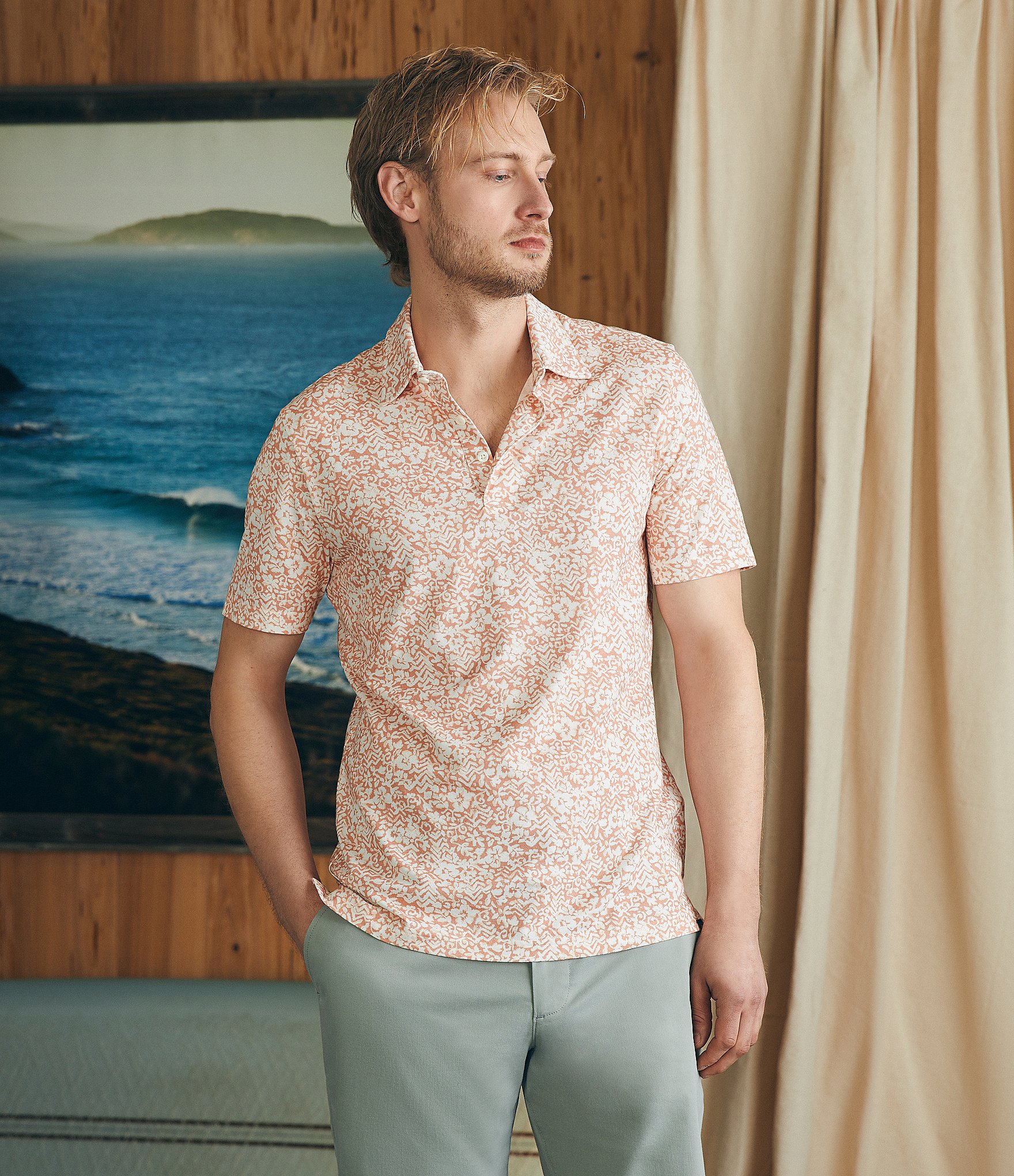 Faherty Movement Floral Print Short Sleeve Polo Shirt