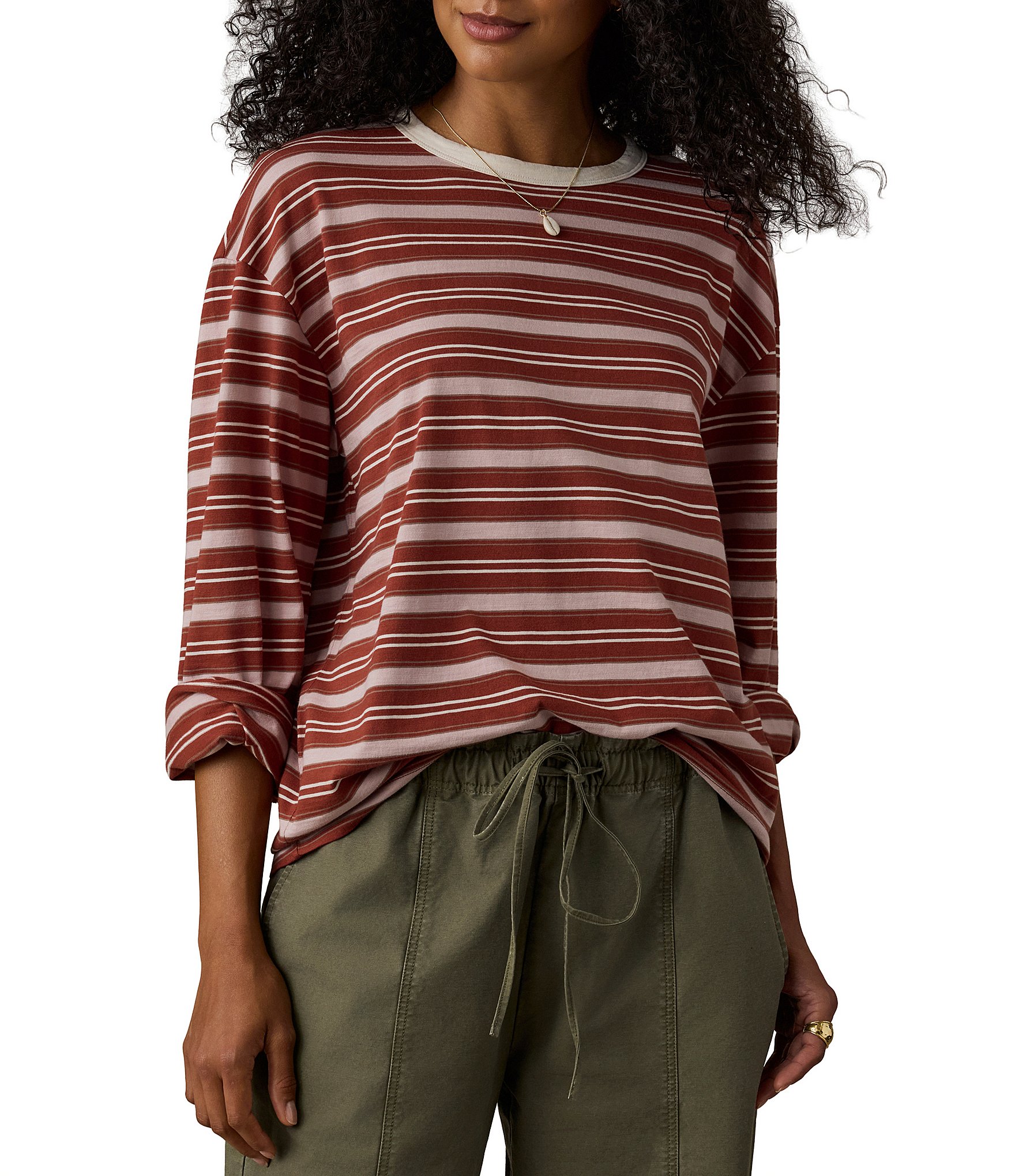 Faherty Retro Knit Organic Cotton Striped Crewneck Long Sleeve Tee Shirt