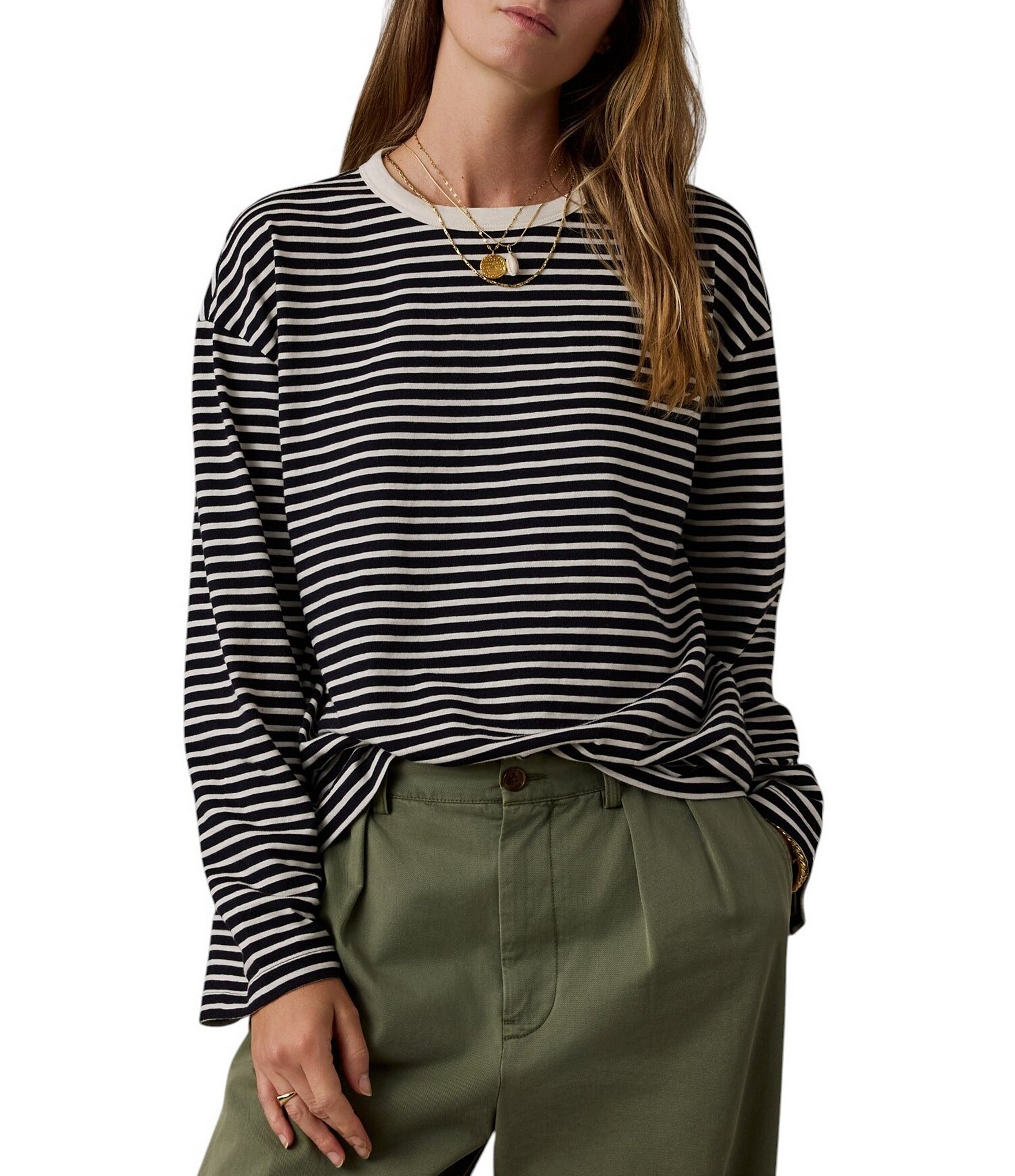 Faherty Retro Knit Organic Cotton Striped Crewneck Long Sleeve Tee Shirt