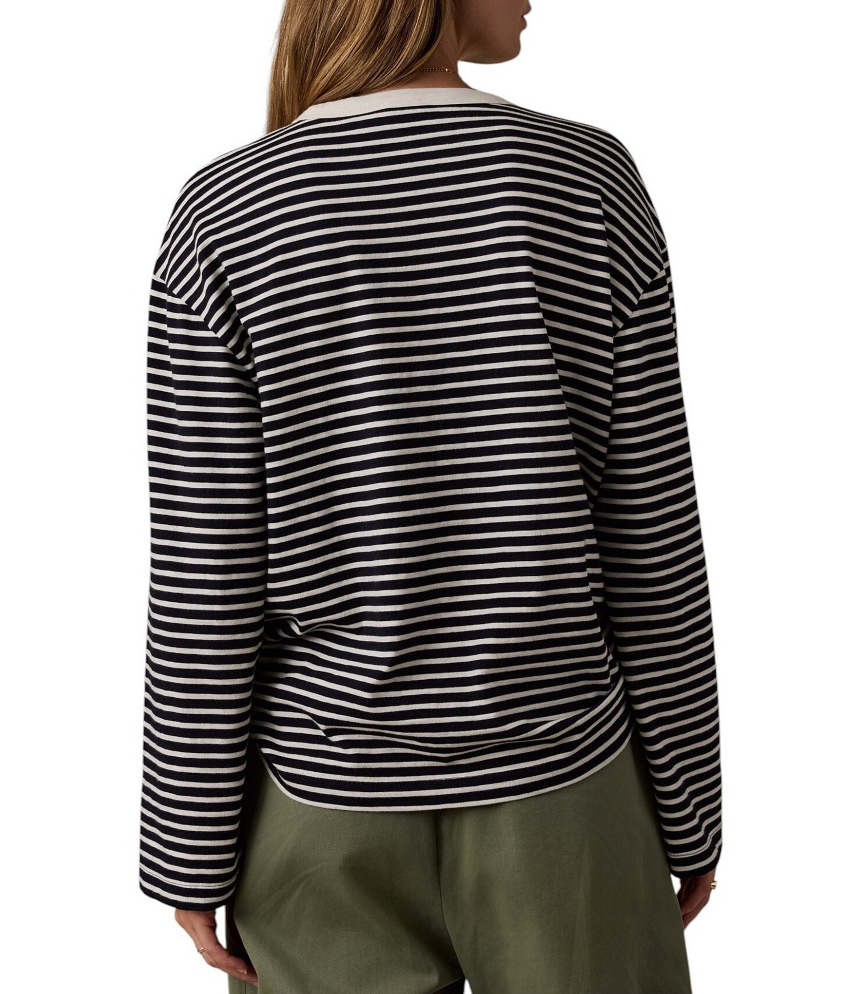 Faherty Retro Knit Organic Cotton Striped Crewneck Long Sleeve Tee Shirt