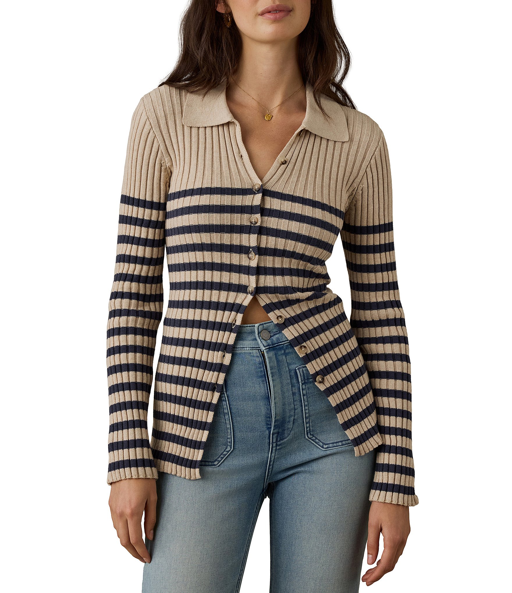 Faherty Ribbed Knit Spread Collar Long Sleeve Cardigan