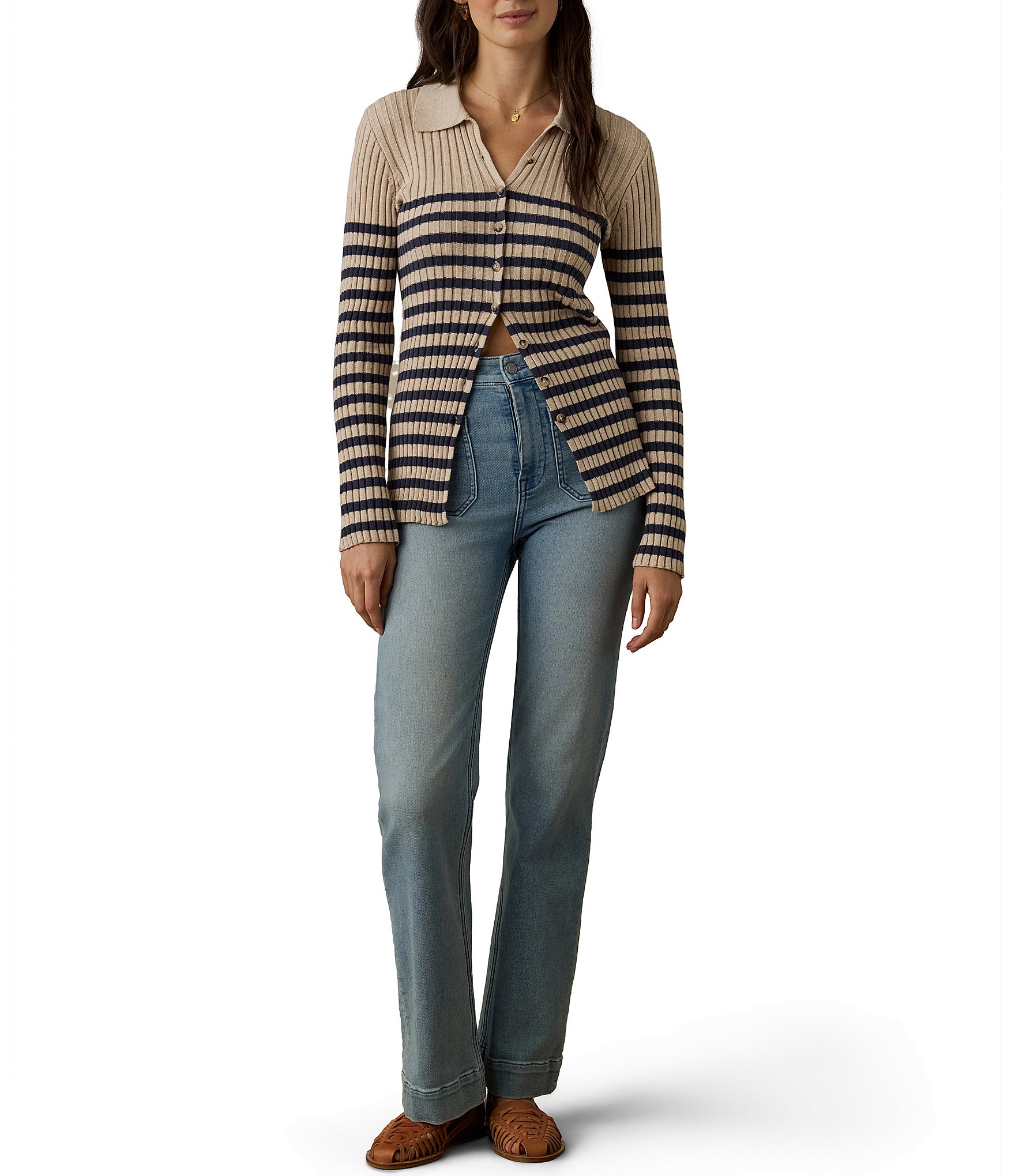 Faherty Ribbed Knit Spread Collar Long Sleeve Cardigan