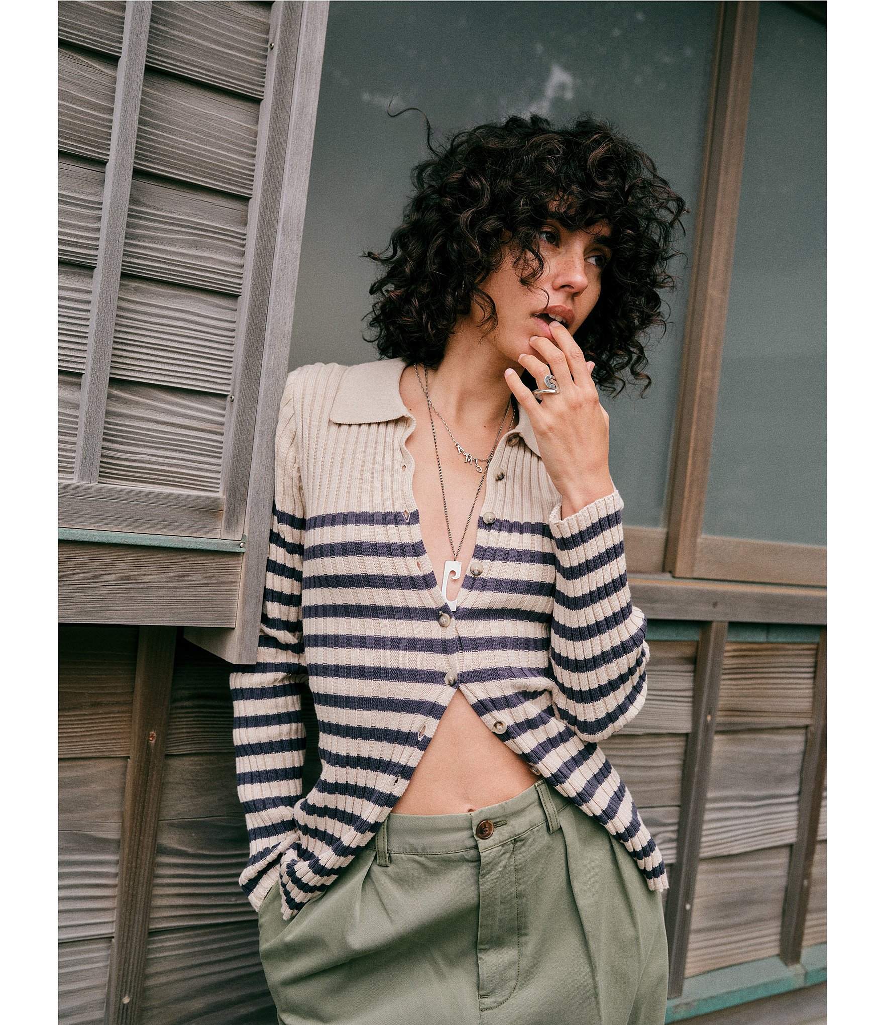 Faherty Ribbed Knit Spread Collar Long Sleeve Cardigan