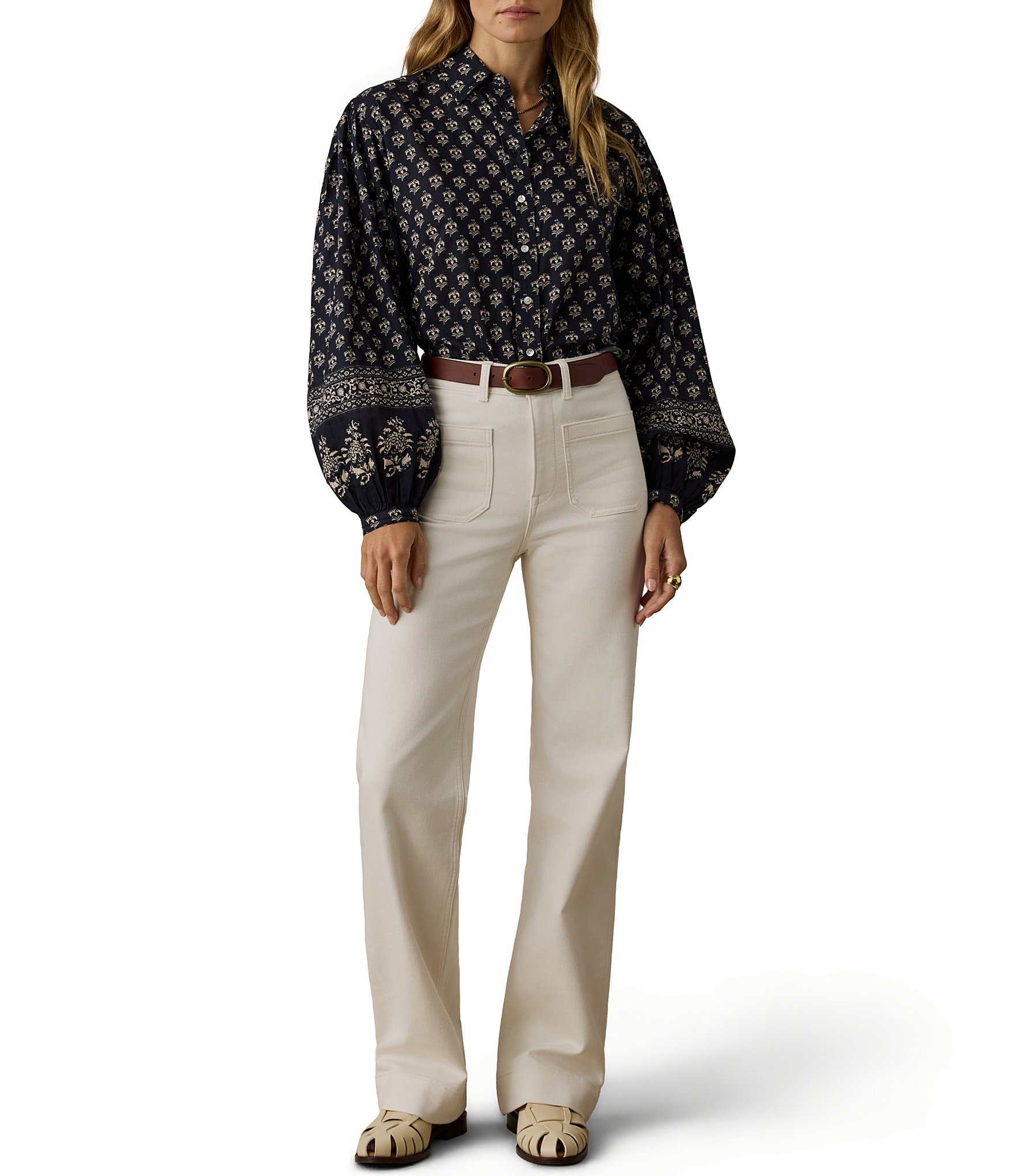 Faherty Suki Button Front Long Bubble Sleeve Blouse