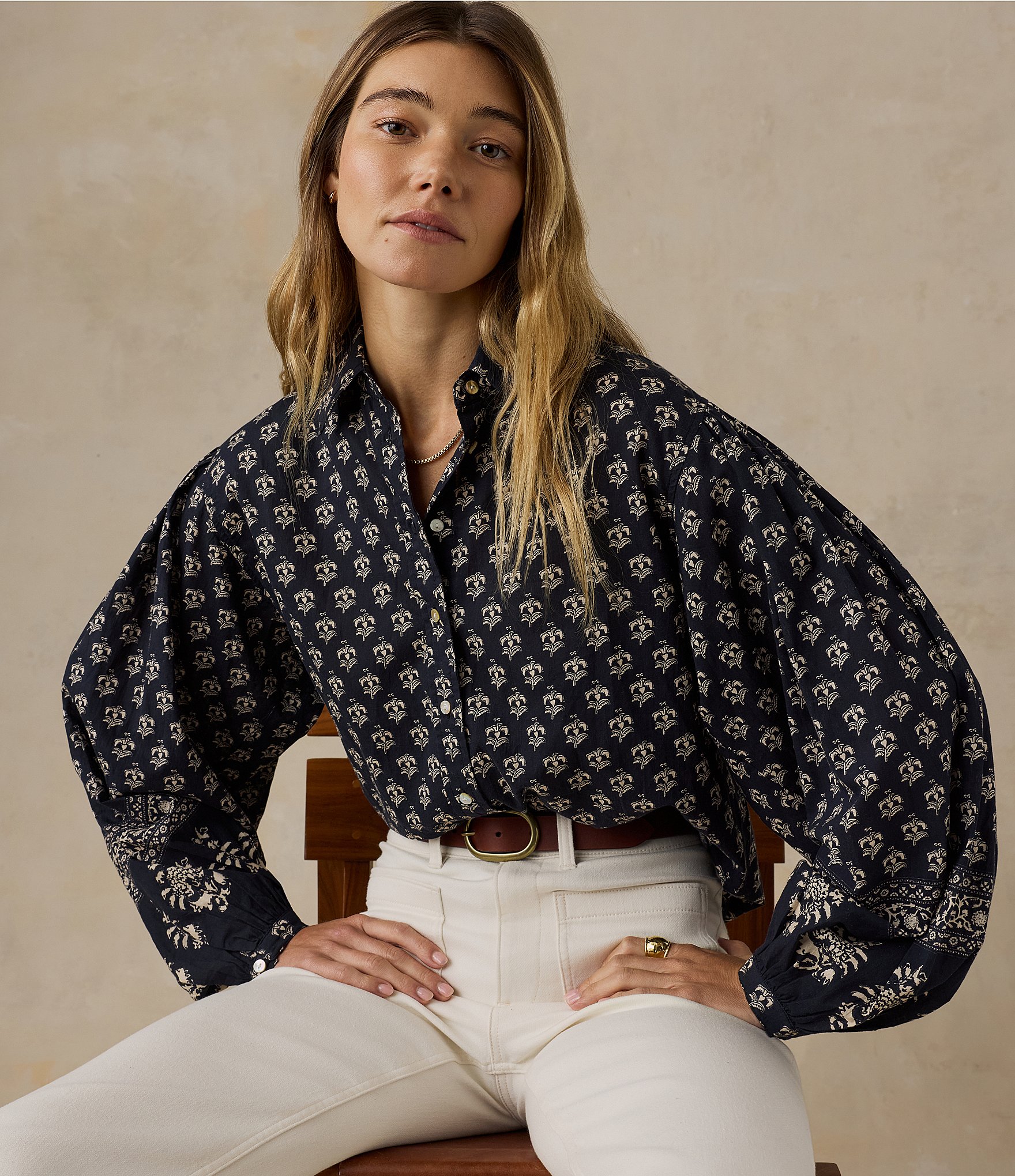 Faherty Suki Button Front Long Bubble Sleeve Blouse