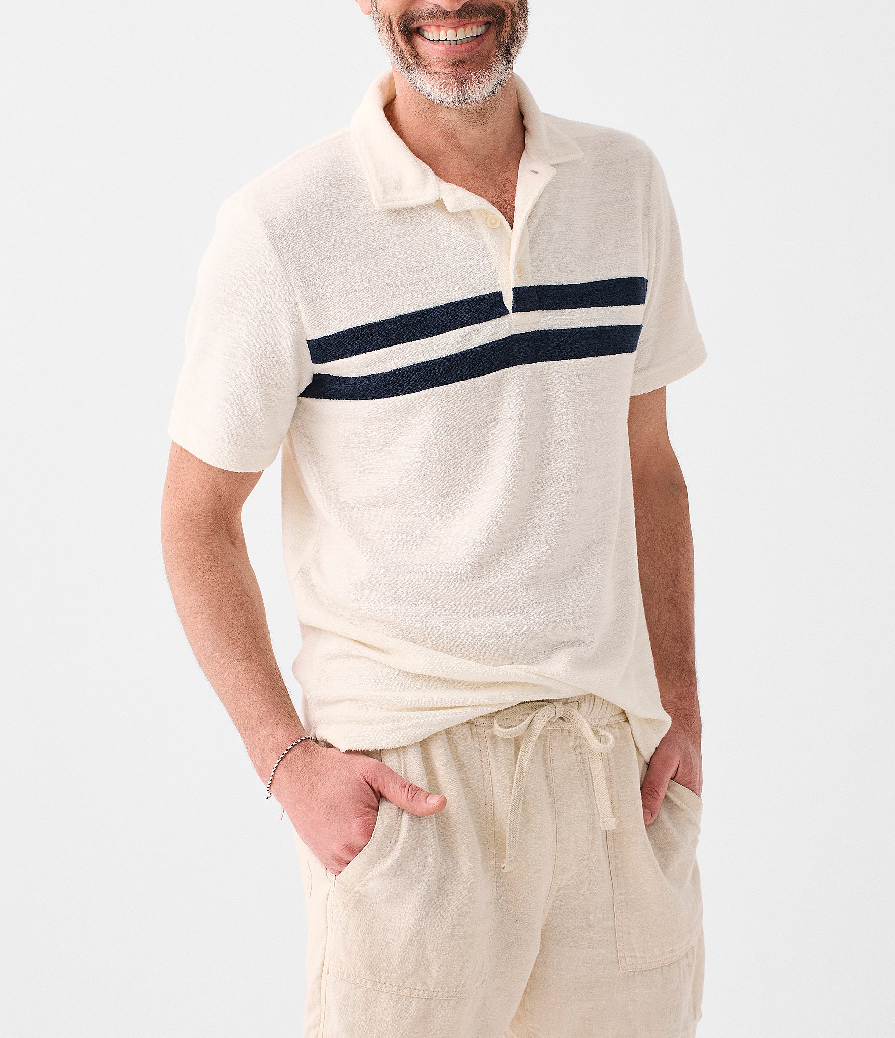 Faherty Surf Stripe Terry Cloth Short Sleeve Polo Shirt