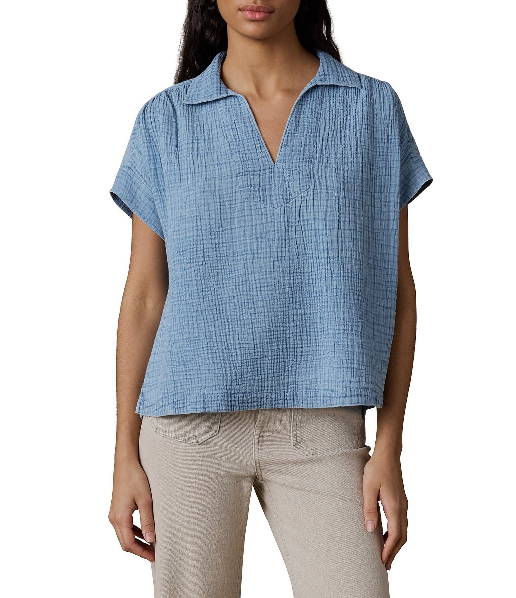 Faherty Zoe Collared V-Neck Short Sleeve Top