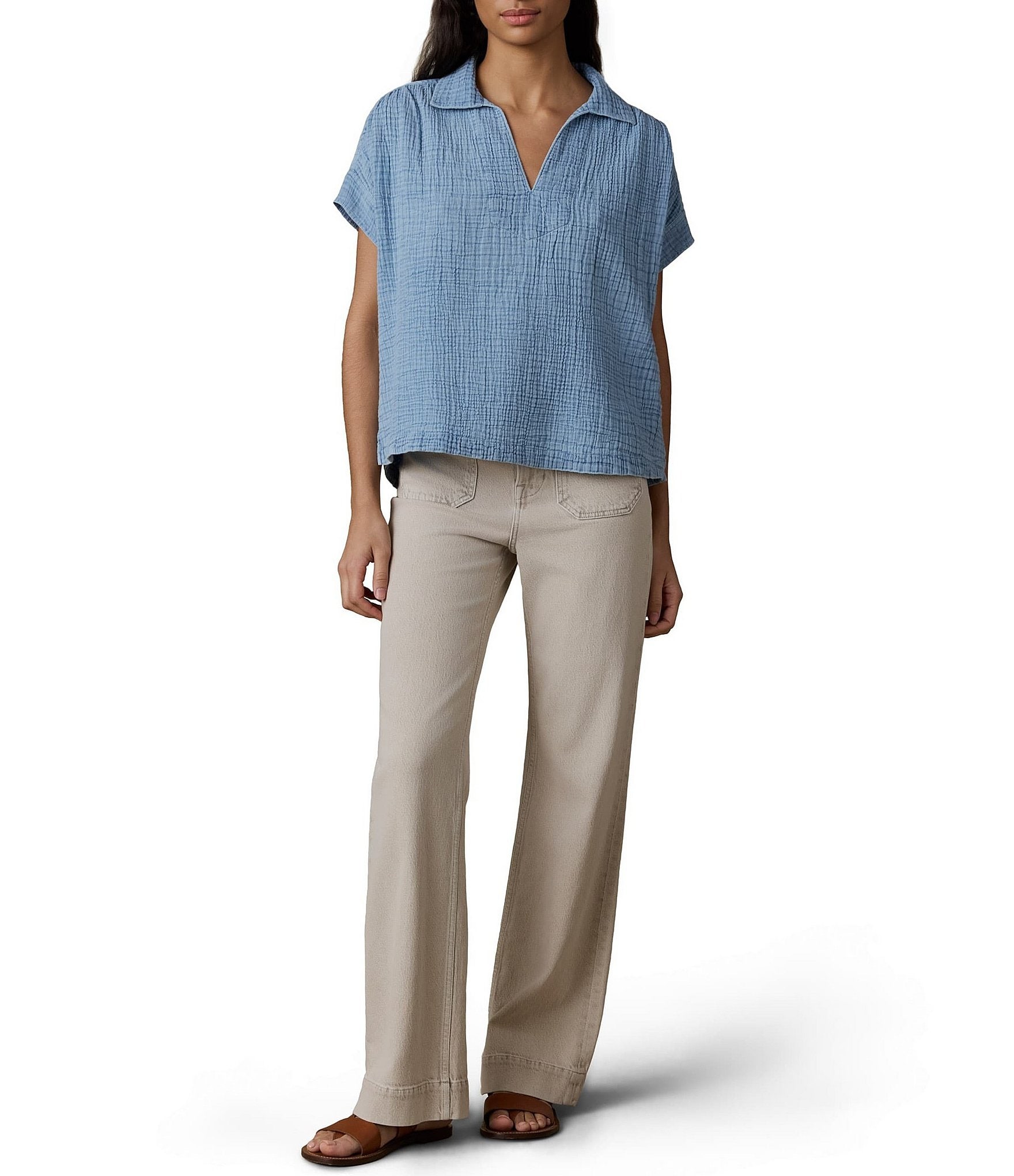 Faherty Zoe Collared V-Neck Short Sleeve Top