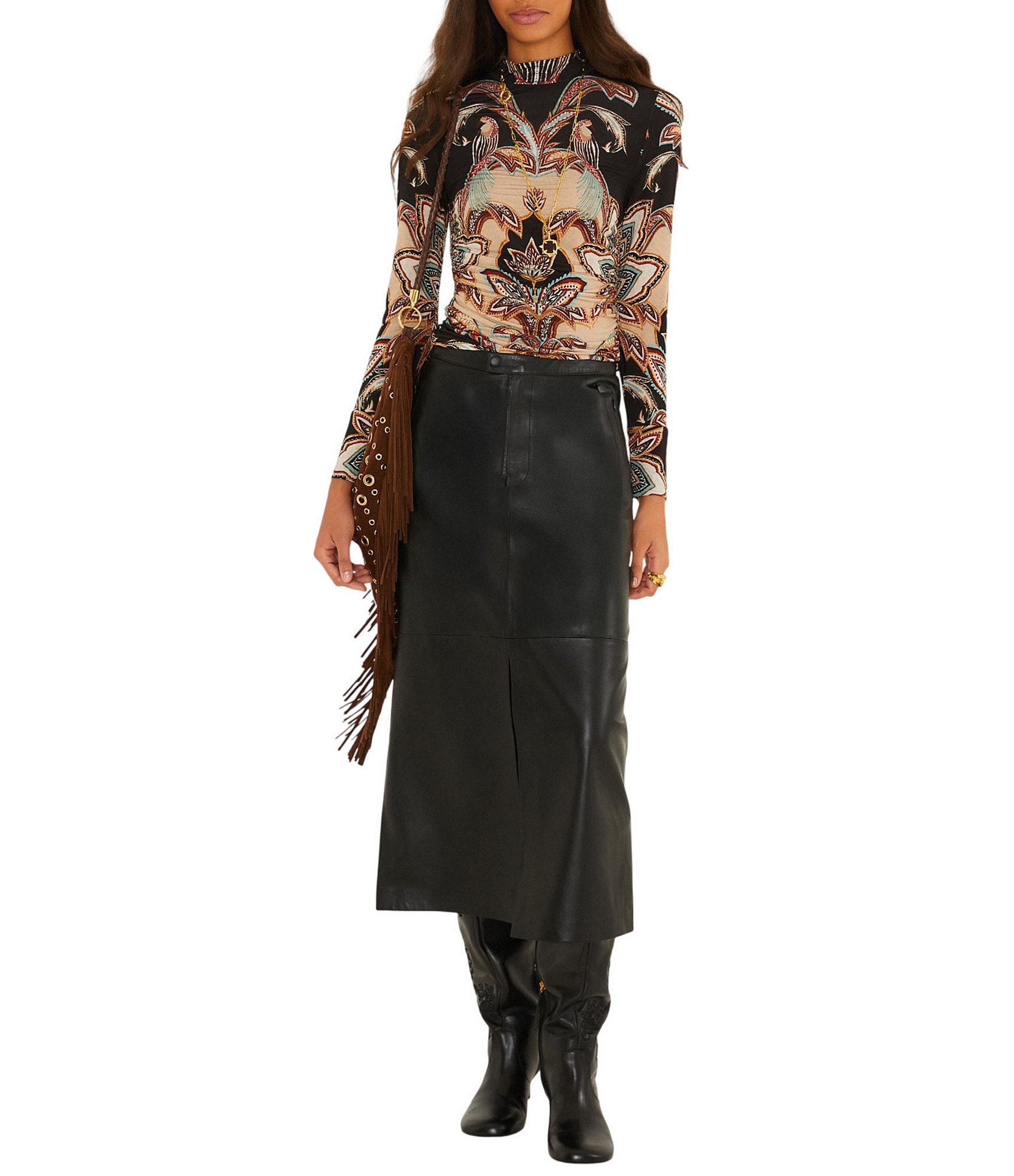 Farm Rio Black Leather Midi Skirt