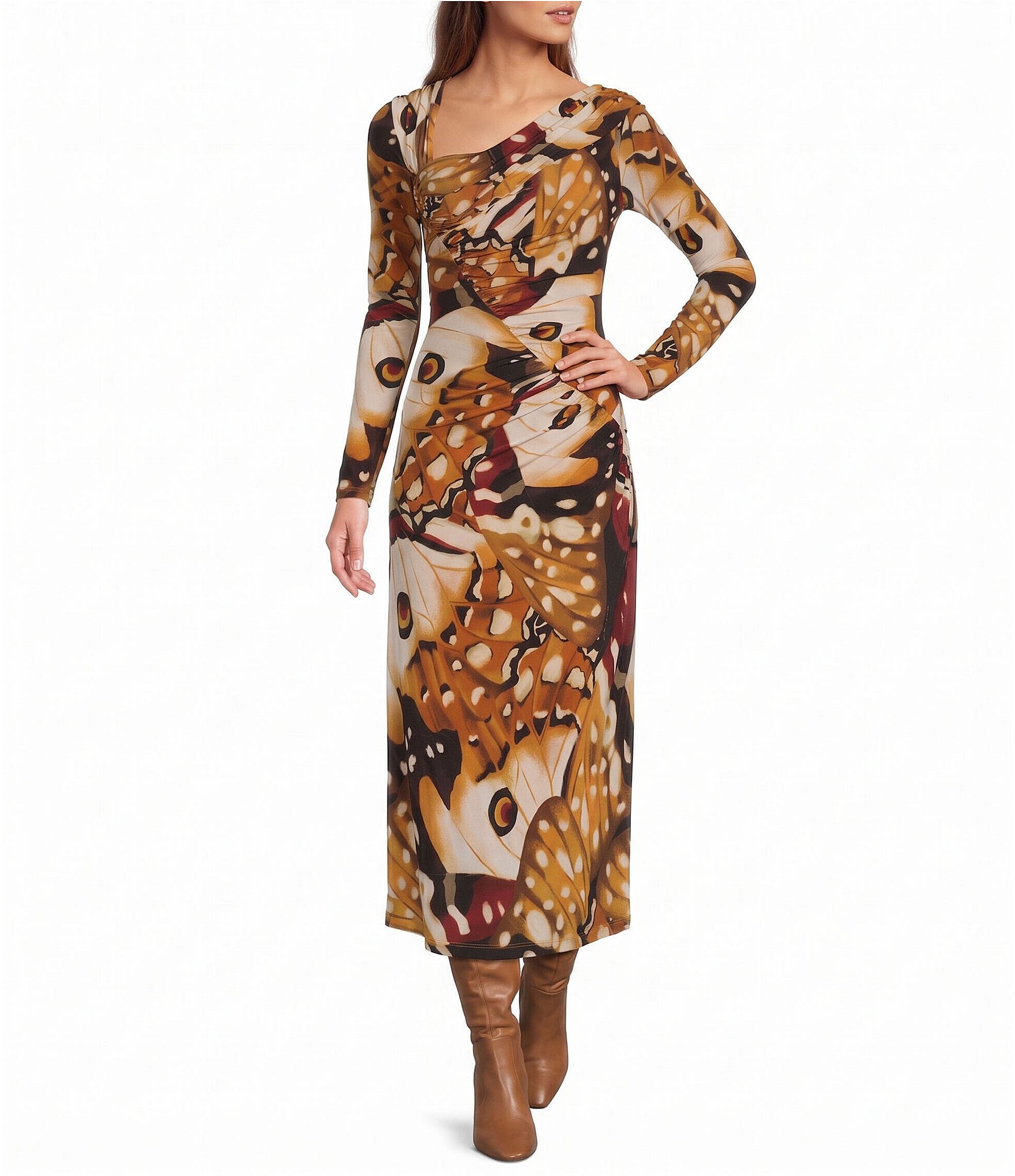 Farm Rio Borbofly Multicolor Printed Asymmetric Neck Long Sleeve Maxi Dress