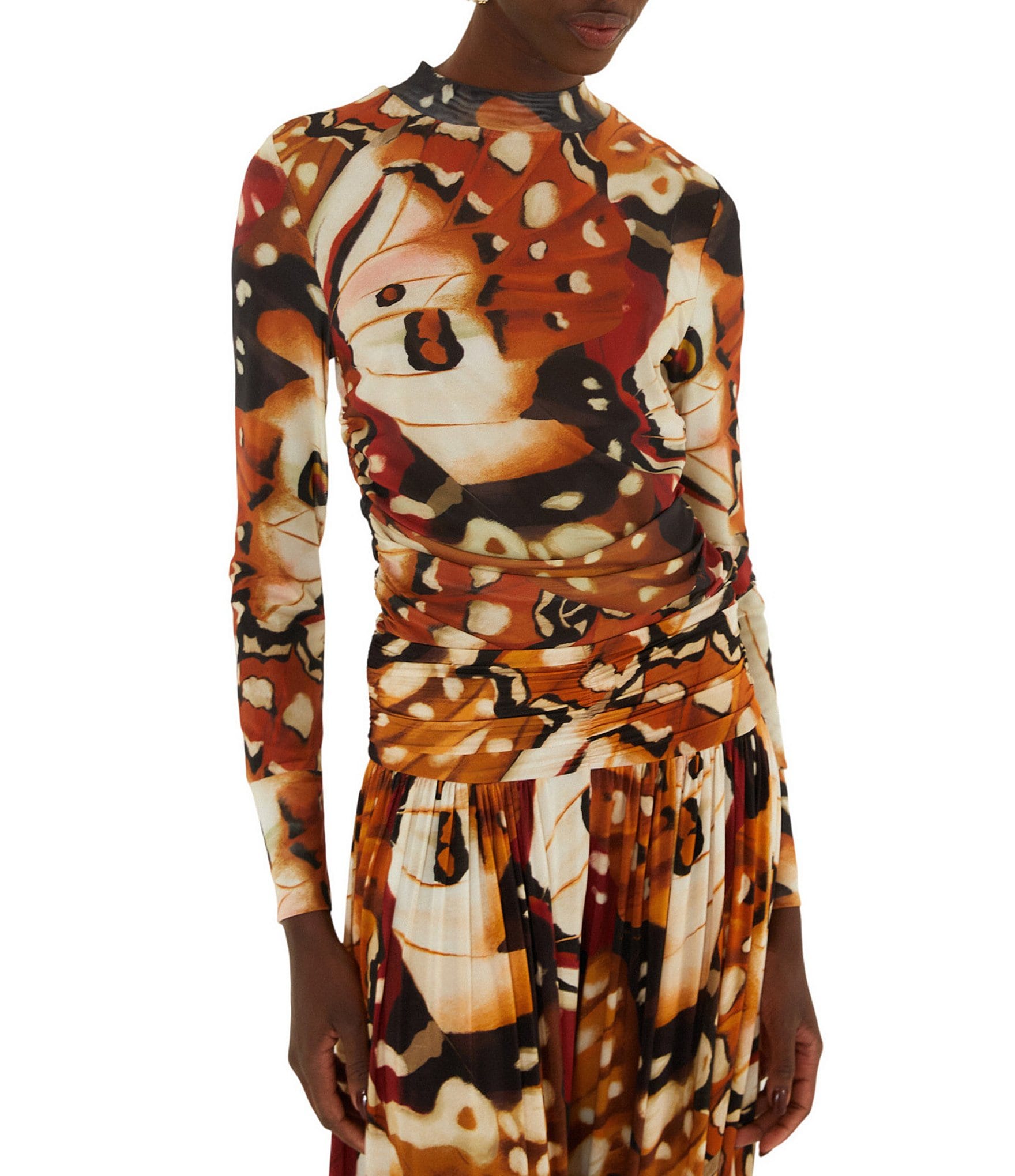 Farm Rio Borbofly Multicolor Printed Mock Neck Long Sleeve Ruched Tulle Coordinating Blouse
