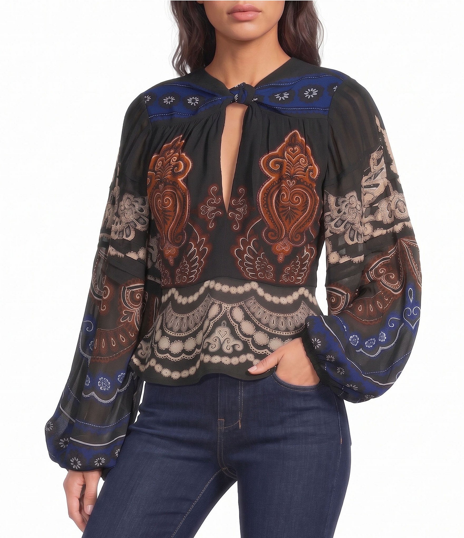 Farm Rio Nicole Printed Front Knot Keyhole Neck Long Sleeve Blouse