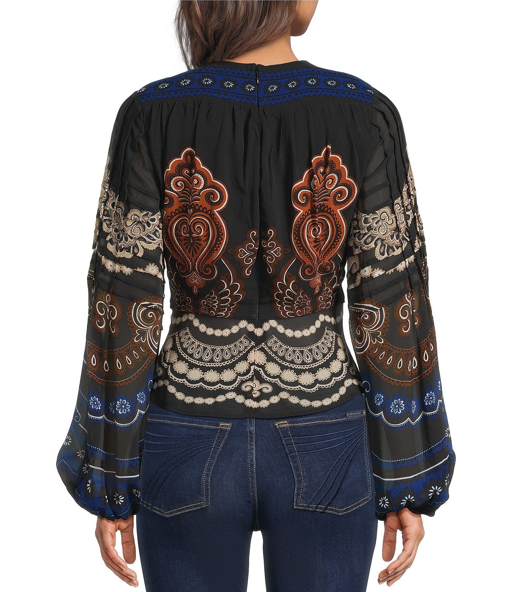 Farm Rio Nicole Printed Front Knot Keyhole Neck Long Sleeve Blouse