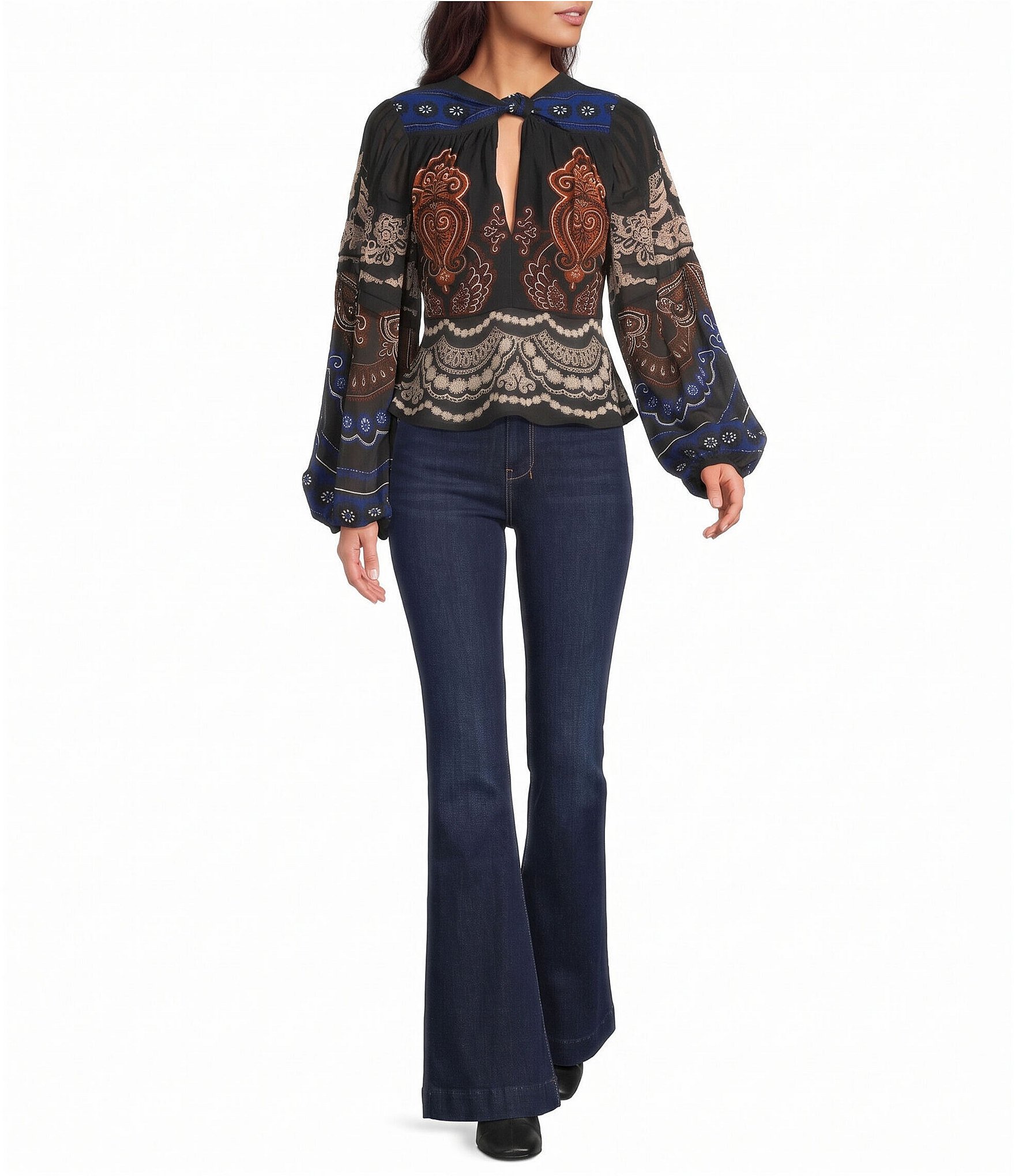 Farm Rio Nicole Printed Front Knot Keyhole Neck Long Sleeve Blouse