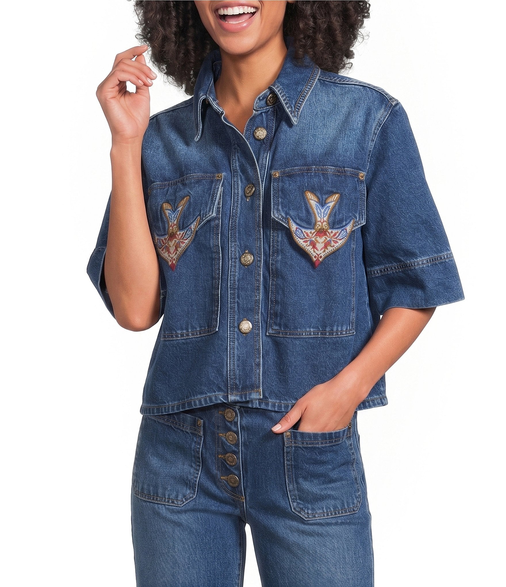 Farm Rio Porcelain Birds Collared Short Sleeve Button Front Coordinating Denim Top