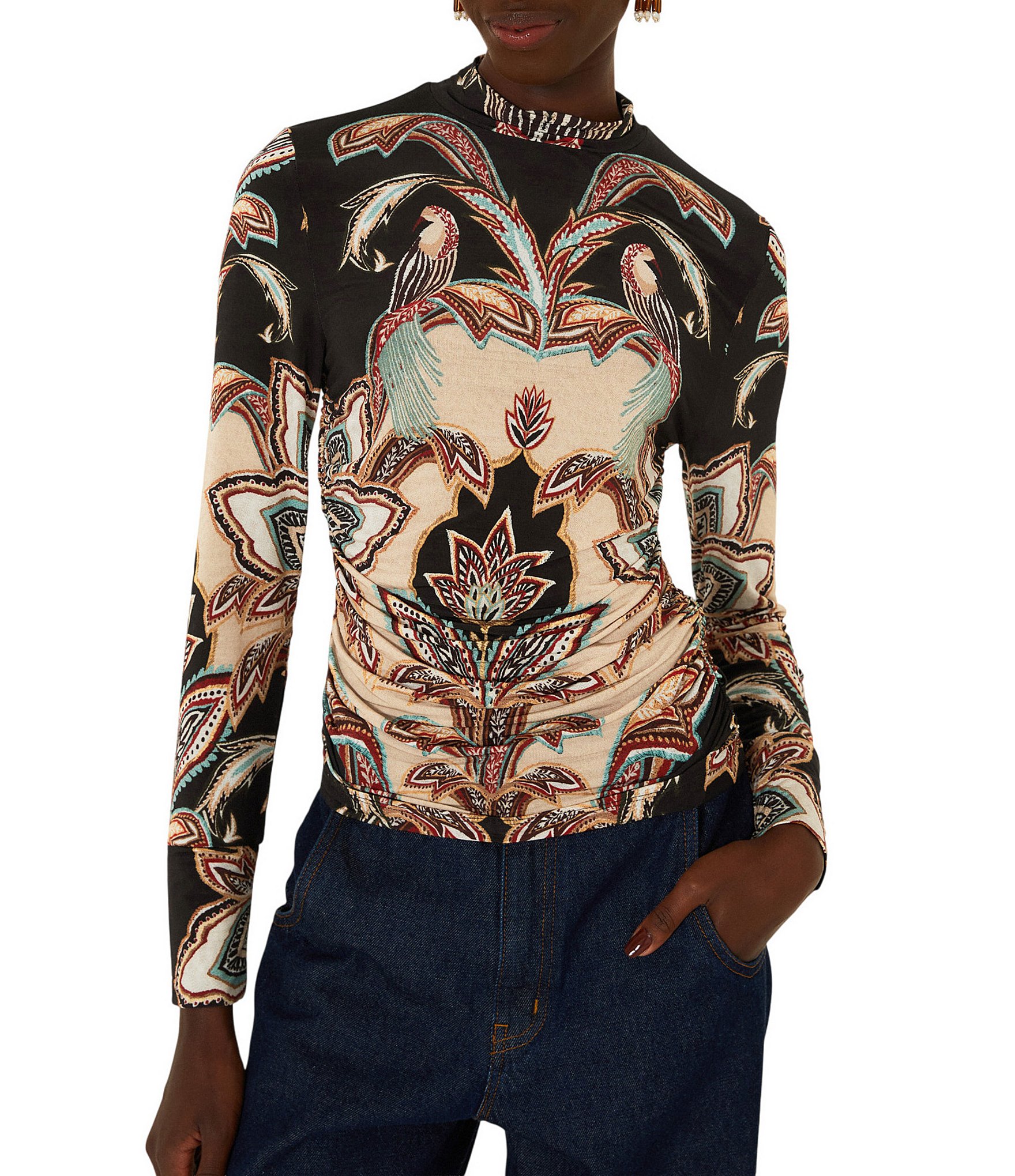 Farm Rio Tapestry Printed Mock-Neck Collared Long Sleeve Jersey Blouse