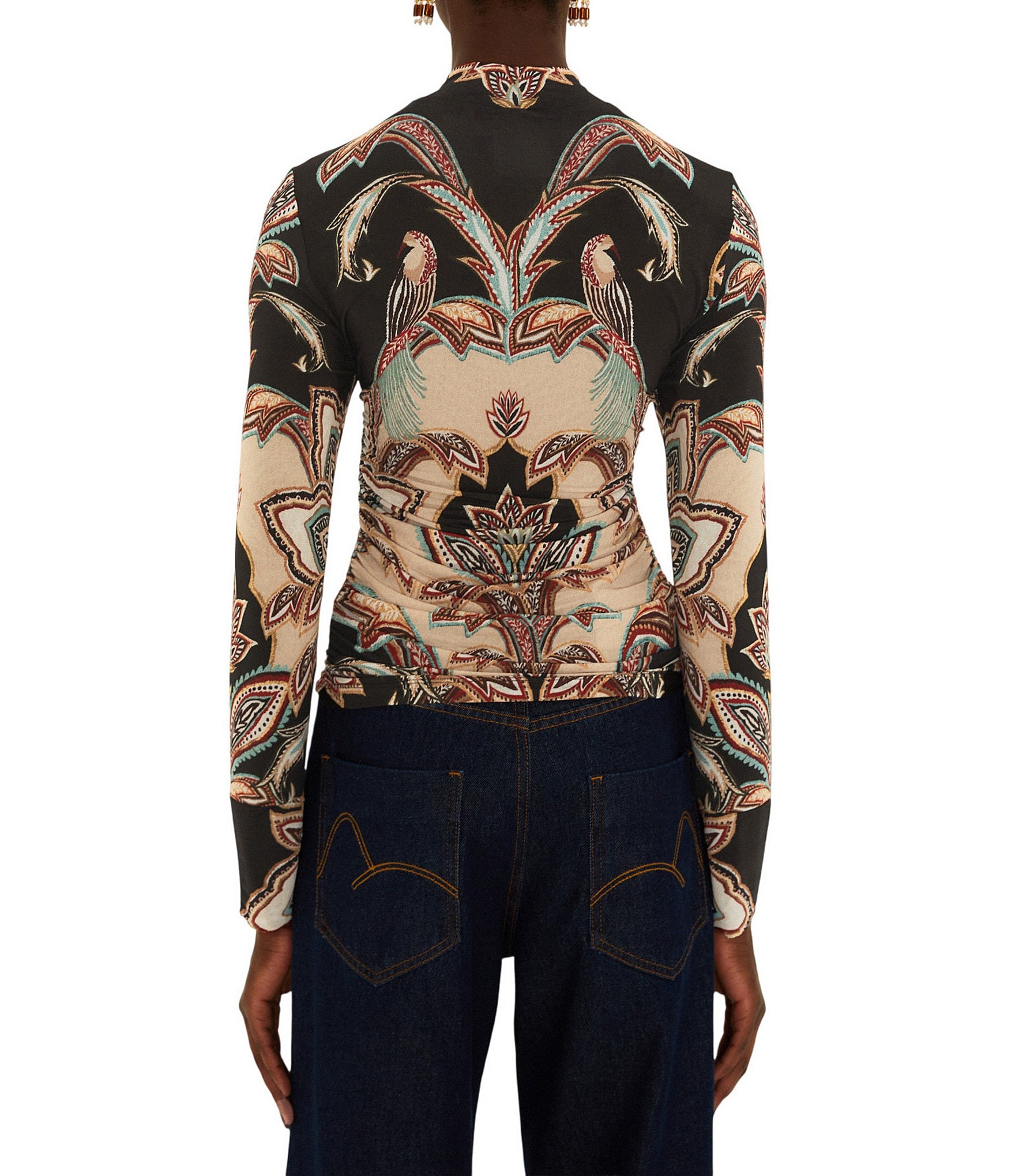 Farm Rio Tapestry Printed Mock-Neck Collared Long Sleeve Jersey Blouse