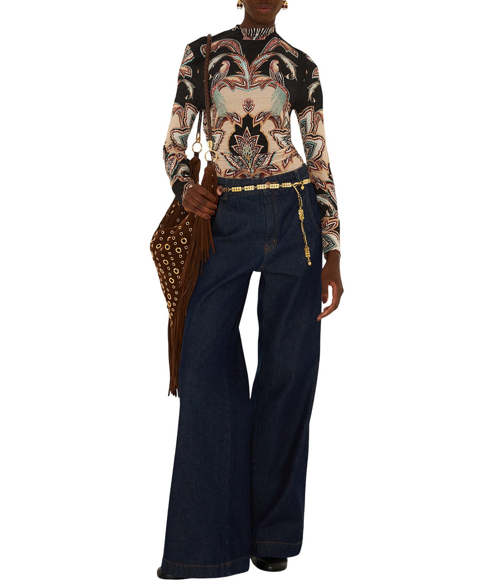Farm Rio Tapestry Printed Mock-Neck Collared Long Sleeve Jersey Blouse