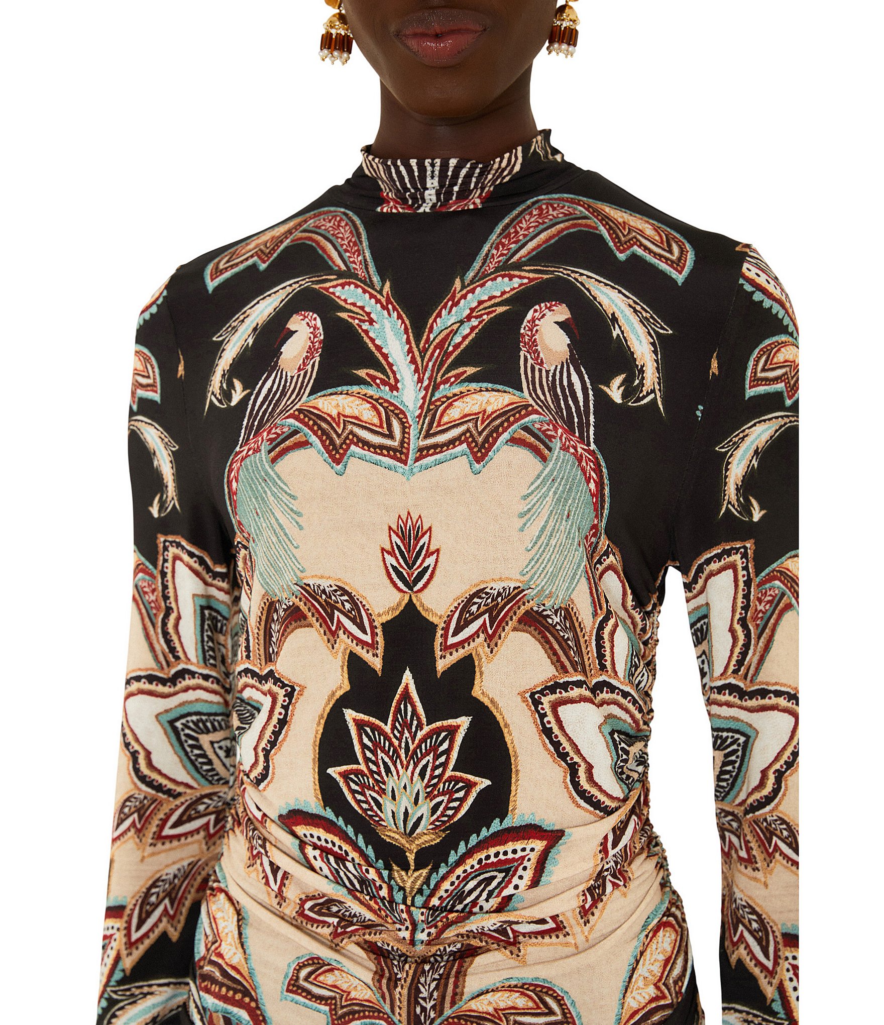 Farm Rio Tapestry Printed Mock-Neck Collared Long Sleeve Jersey Blouse