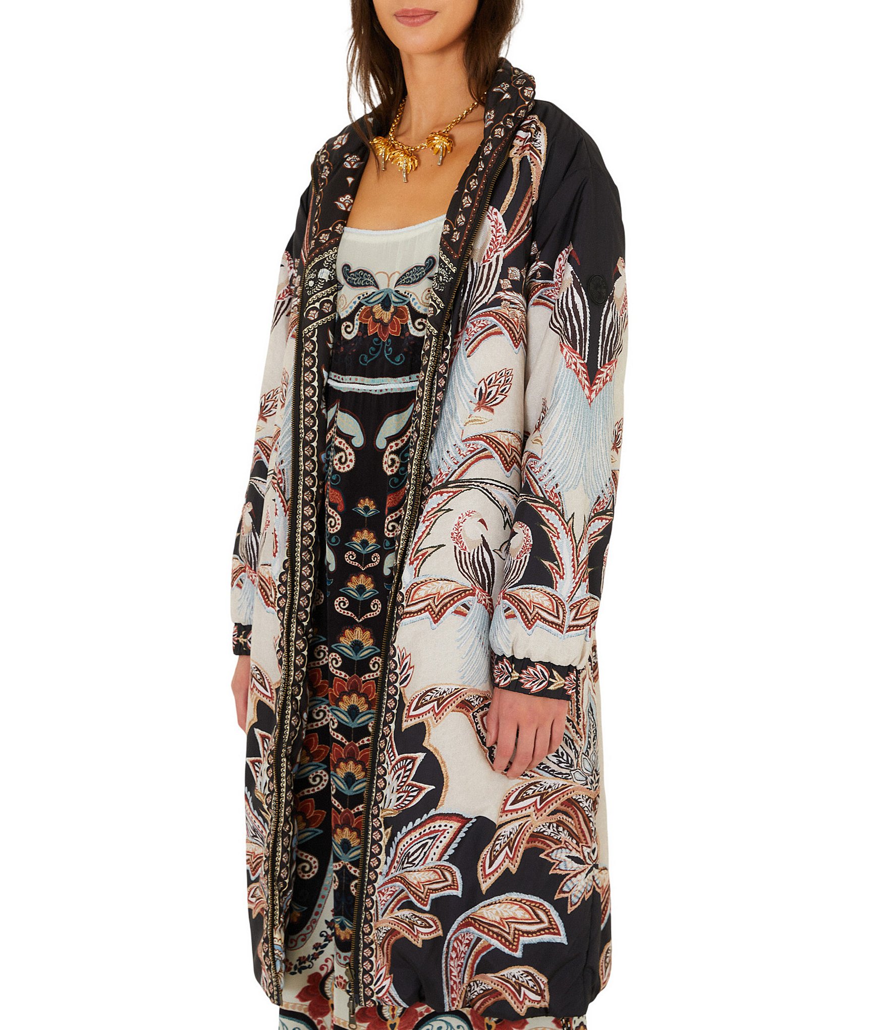 Farm Rio Tapestry Printed Turtle Neck Long Sleeve Reversible Puffer Jacket
