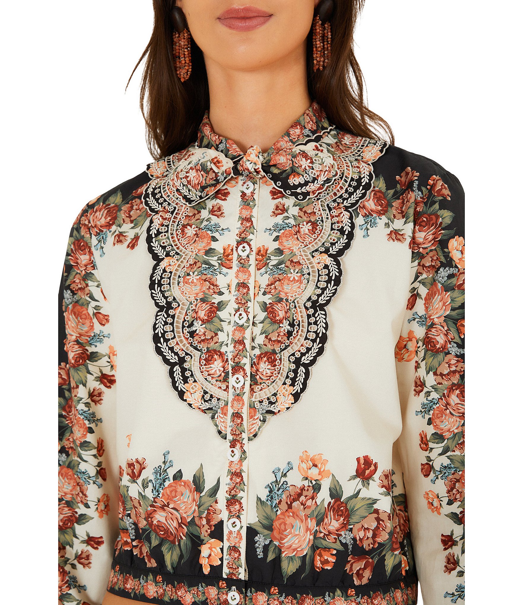 Farm Rio Winter Floral Printed Tie Neck Long Sleeve Button Front Top