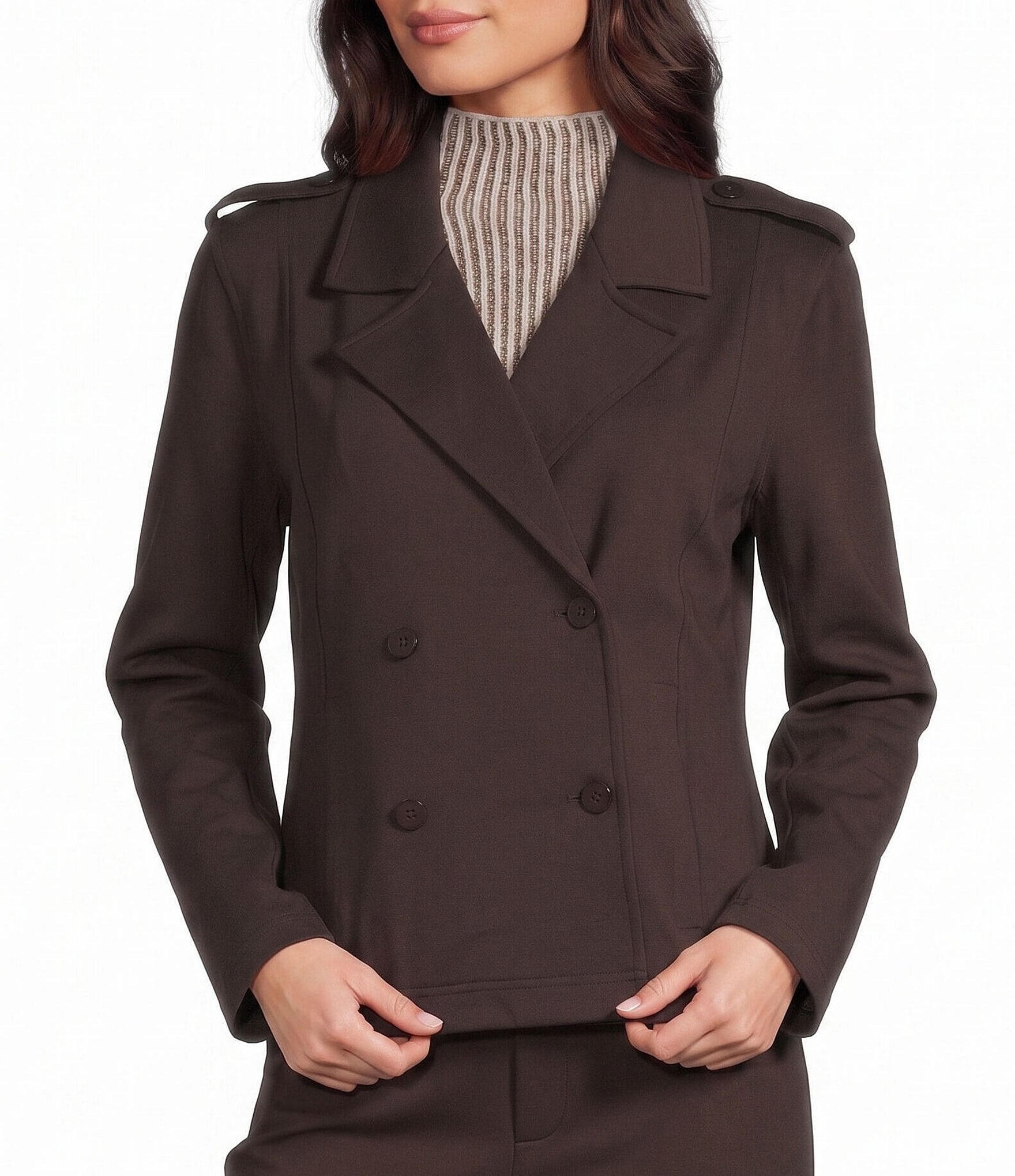 Feather Gray Knit Double Breasted Notch Lapel Long Sleeve Button Front Blazer