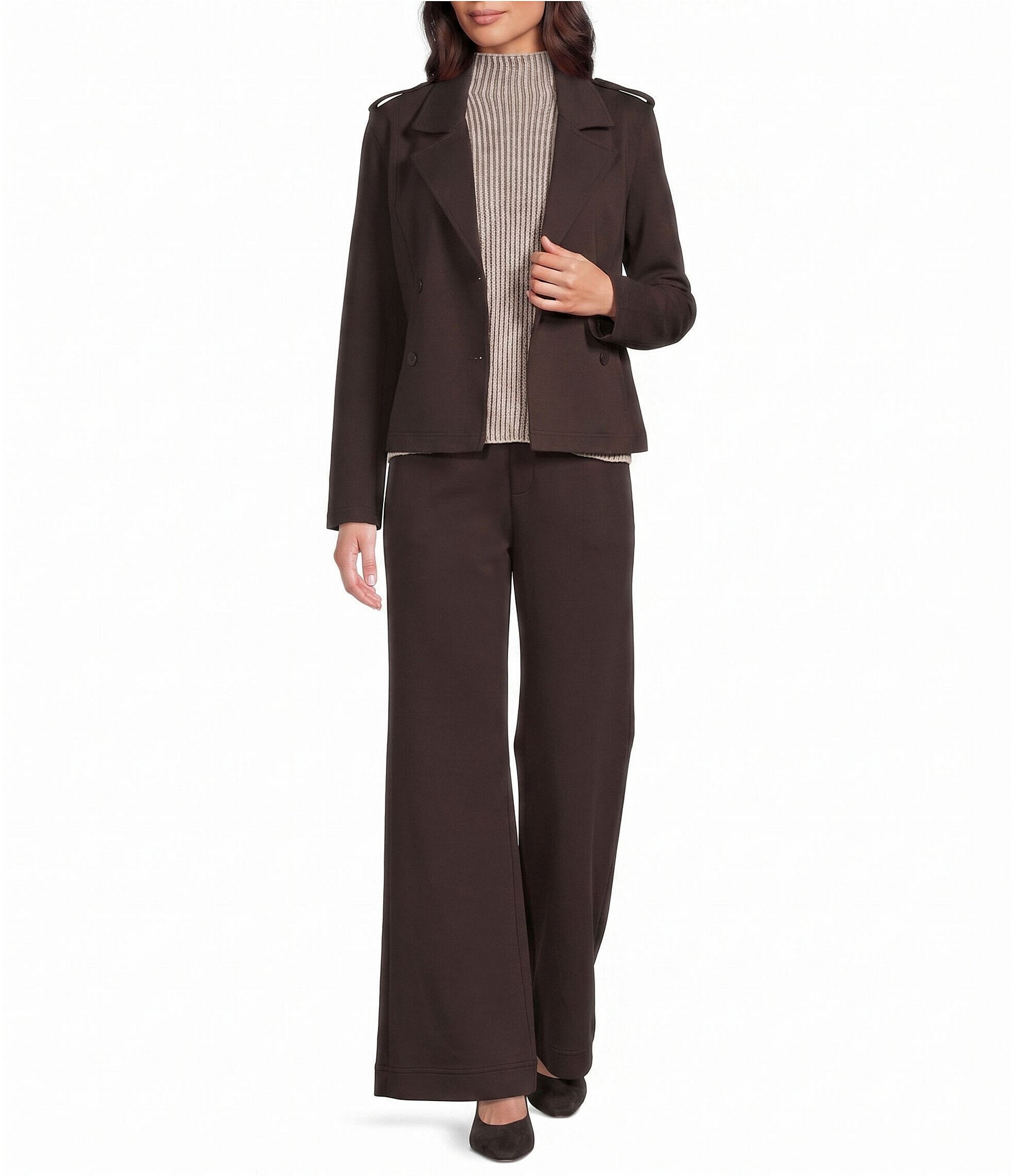 Feather Gray Knit Double Breasted Notch Lapel Long Sleeve Button Front Blazer