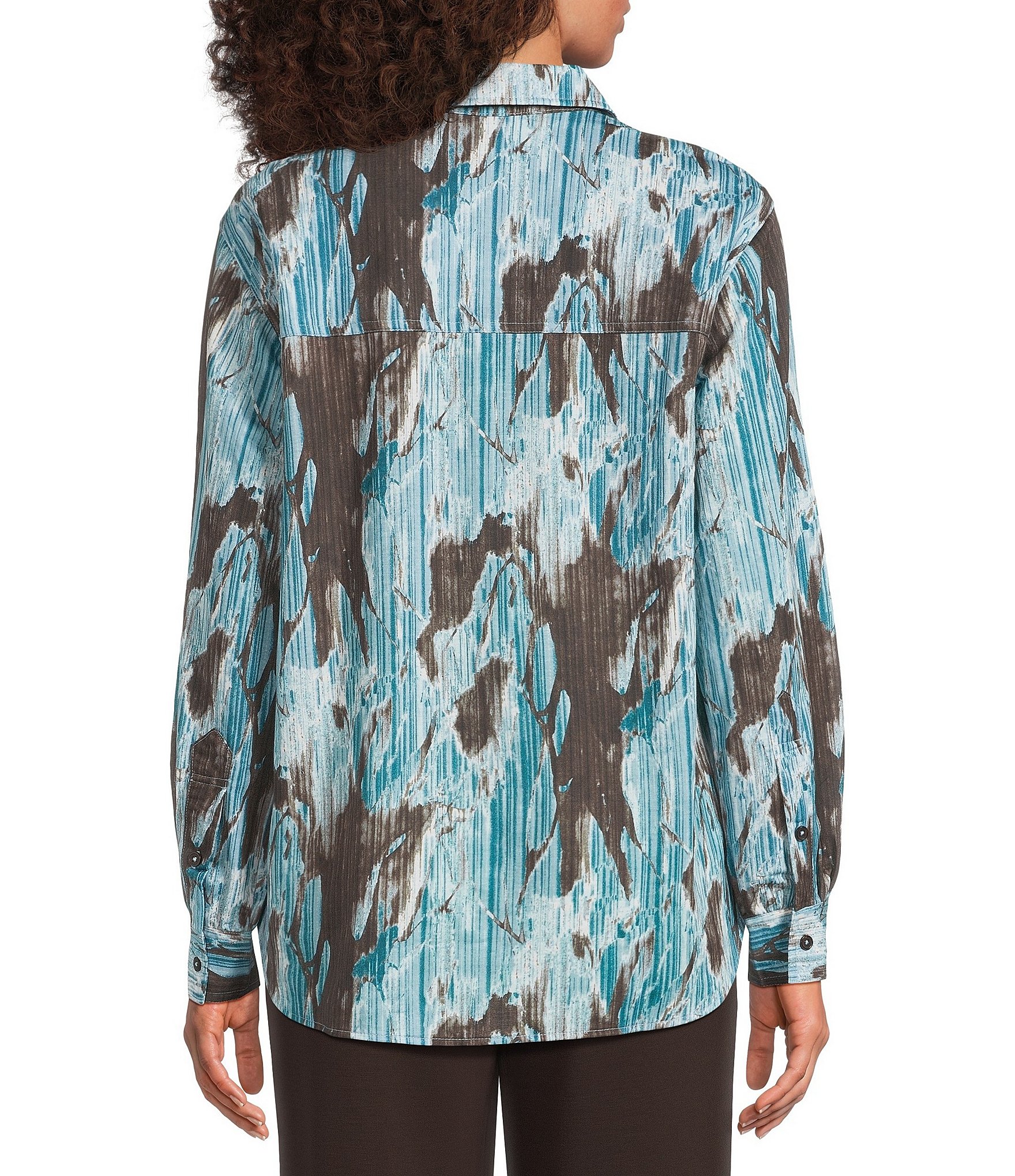 Feather Gray Knit Ink Splash Point Collar Long Sleeve High-Low Button Front Shirt