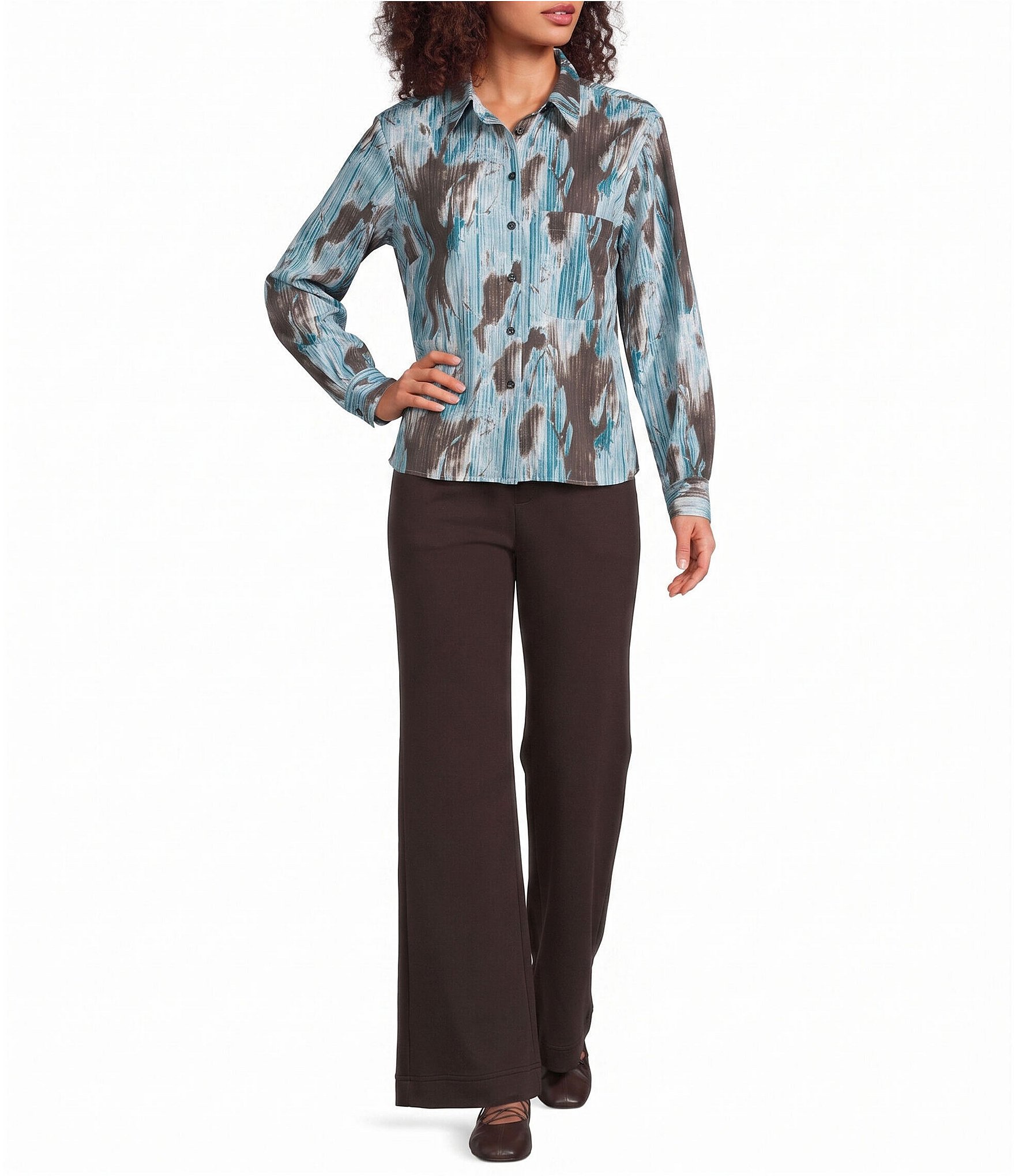 Feather Gray Knit Ink Splash Point Collar Long Sleeve High-Low Button Front Shirt