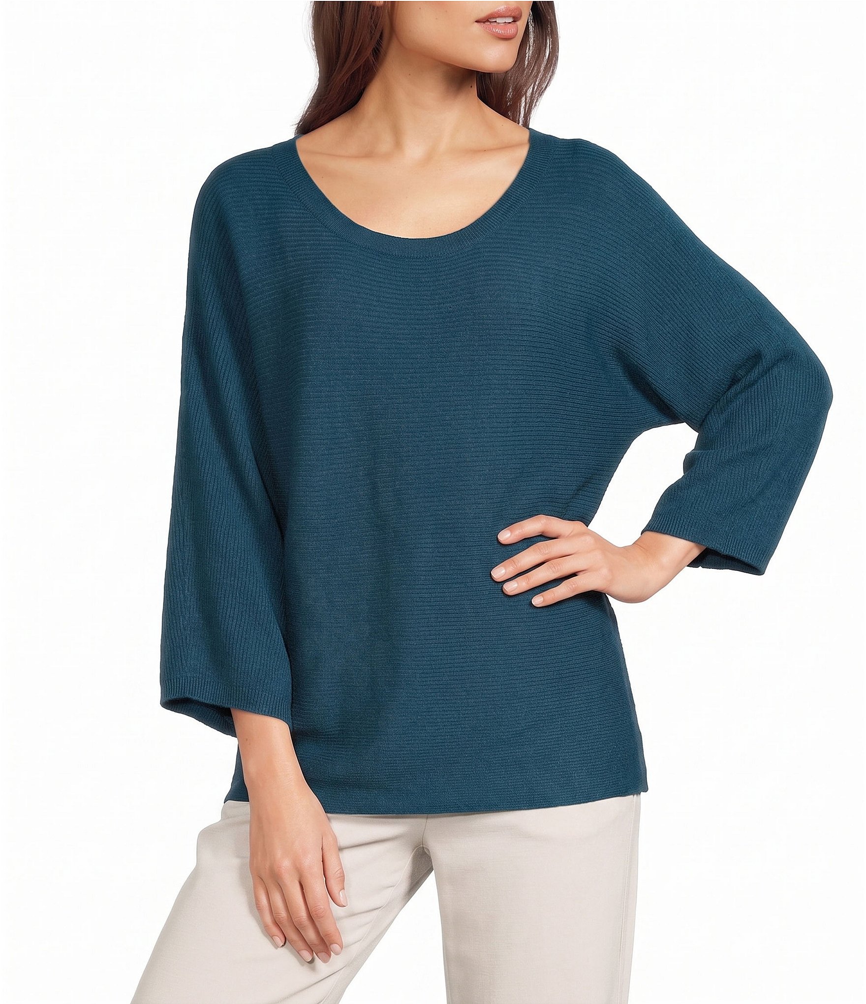 Feather Gray Lightweight Two-Toned Knit Scoop Neck 3/4 Sleeve Sweater