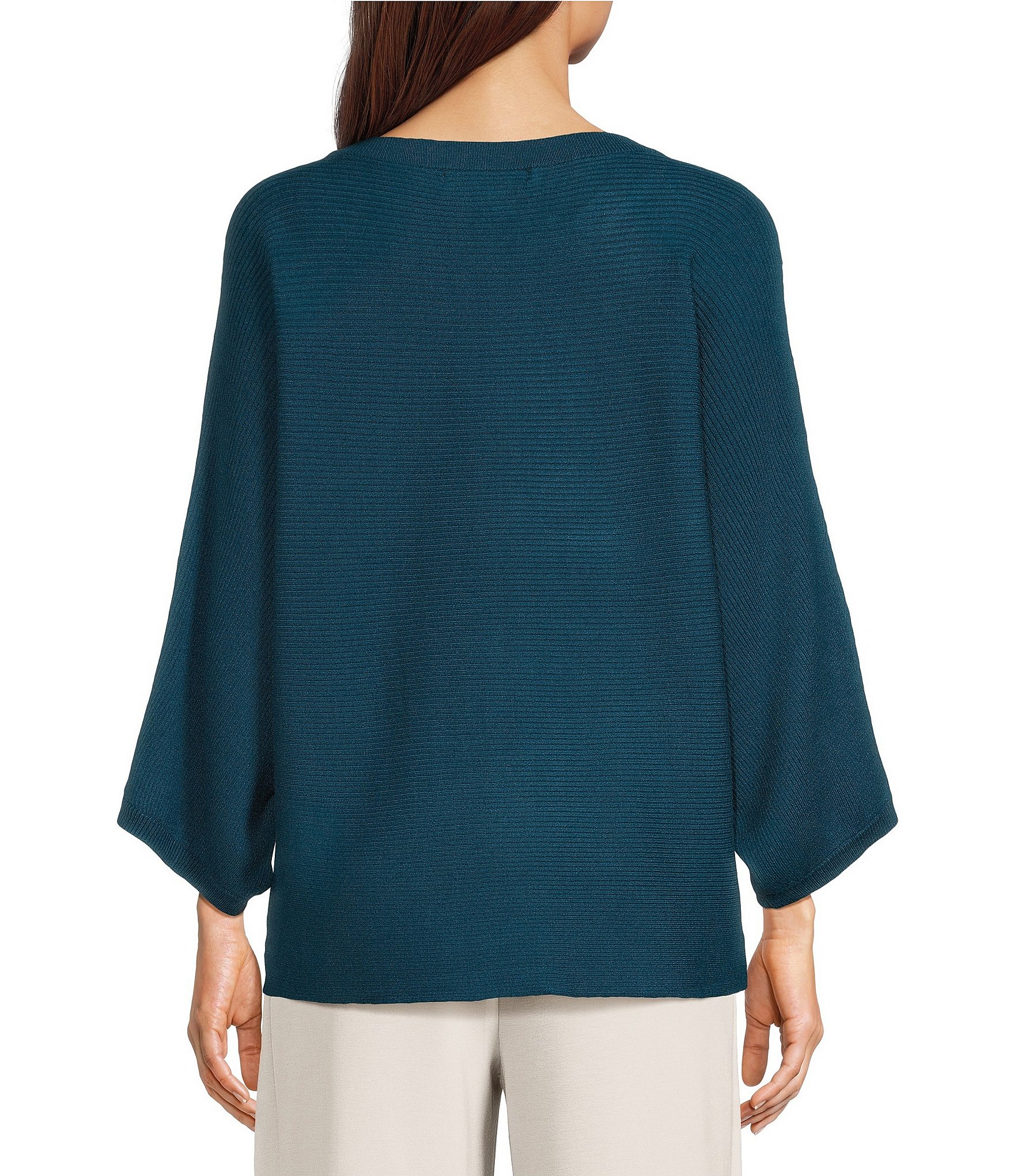 Feather Gray Lightweight Two-Toned Knit Scoop Neck 3/4 Sleeve Sweater