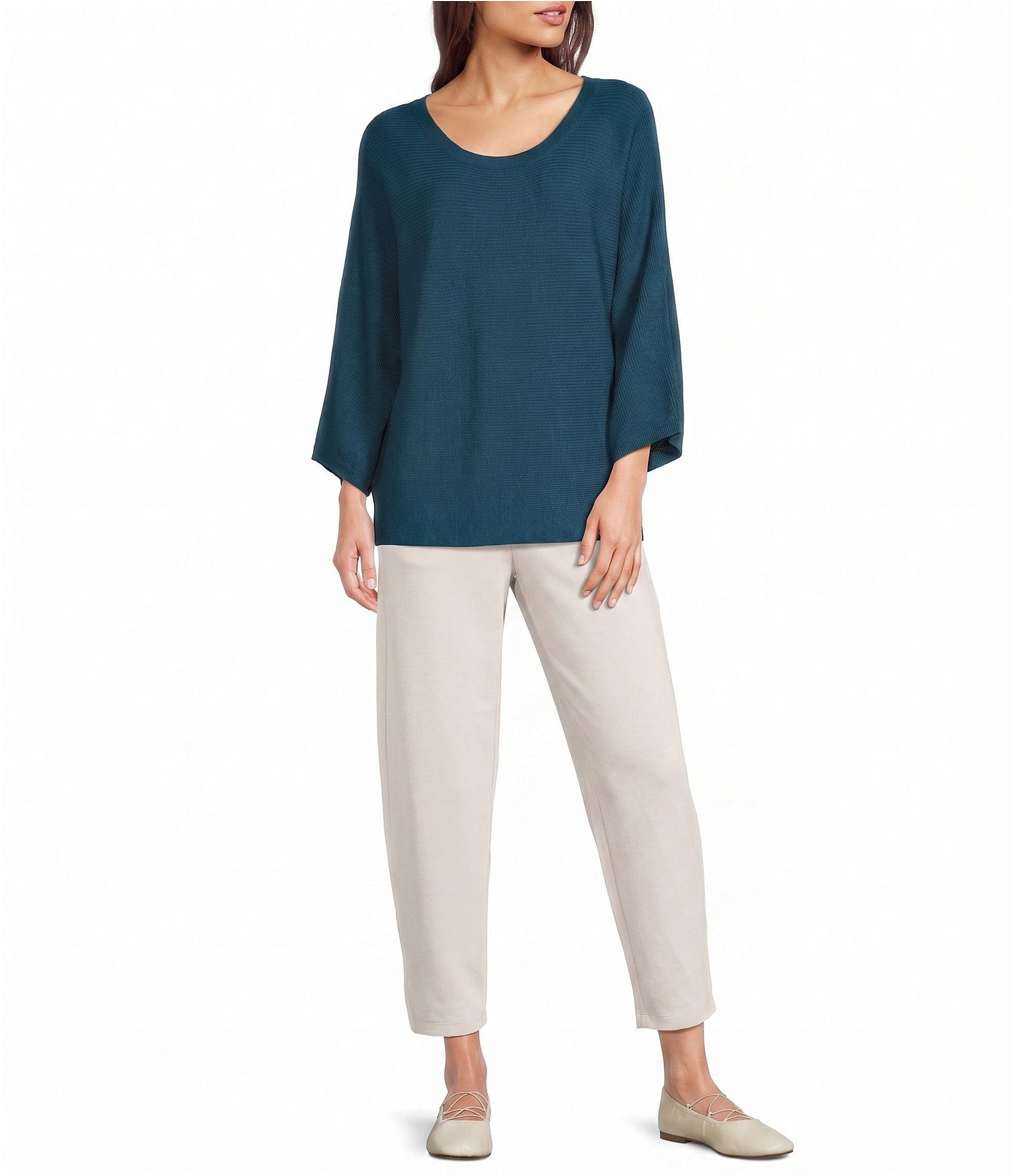 Feather Gray Lightweight Two-Toned Knit Scoop Neck 3/4 Sleeve Sweater