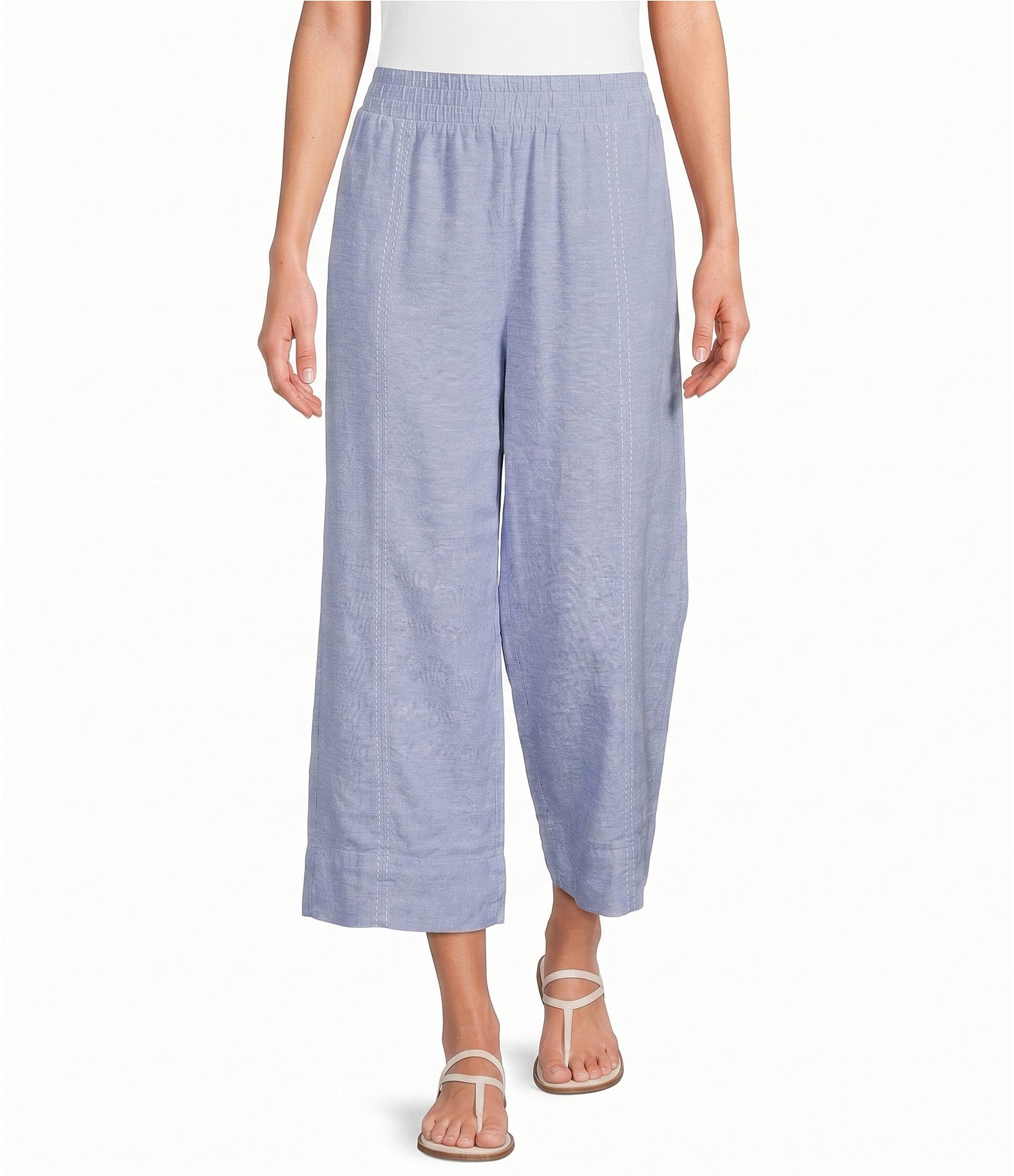 Feather Gray Linen Blend Coordinating Wide Leg Trouser Pull-On Cropped Pants