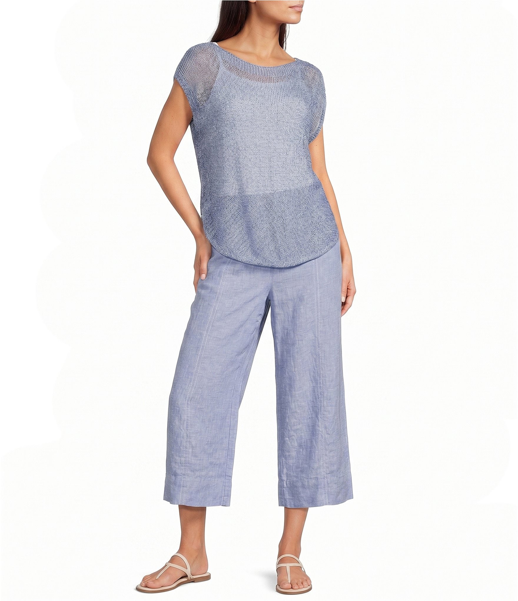 Feather Gray Linen Blend Coordinating Wide Leg Trouser Pull-On Cropped Pants