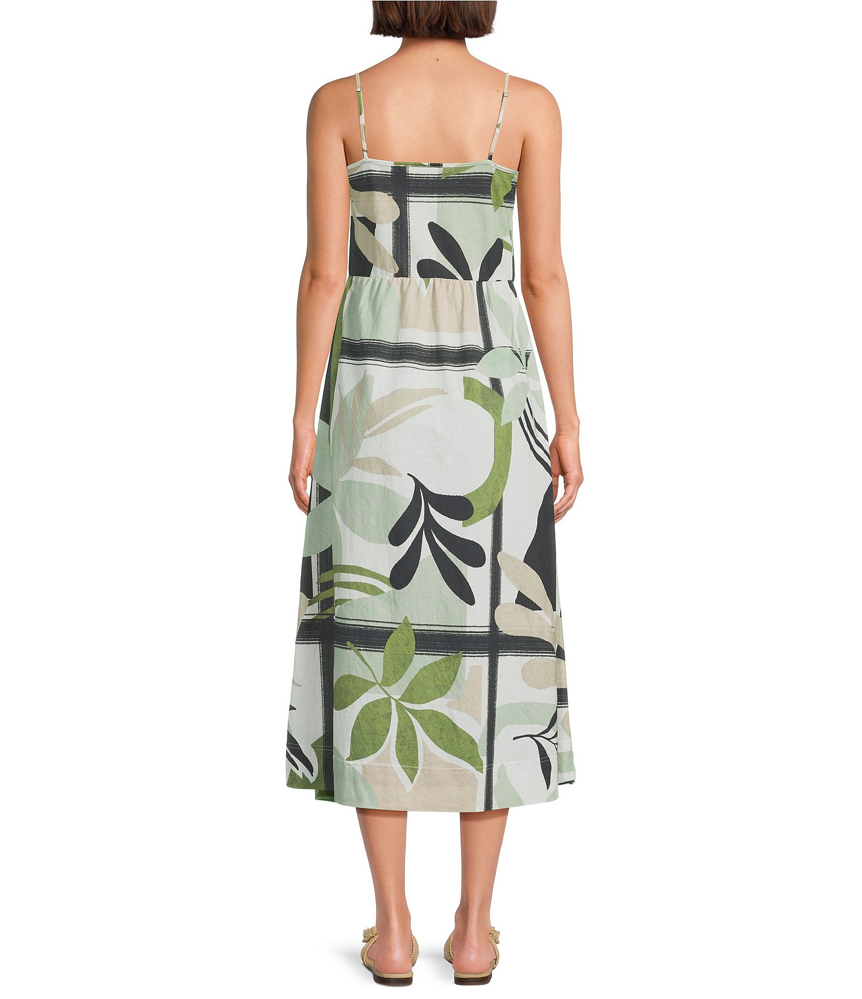 Feather Gray Olive Leafy Graphic Print Twofer Midi Dress