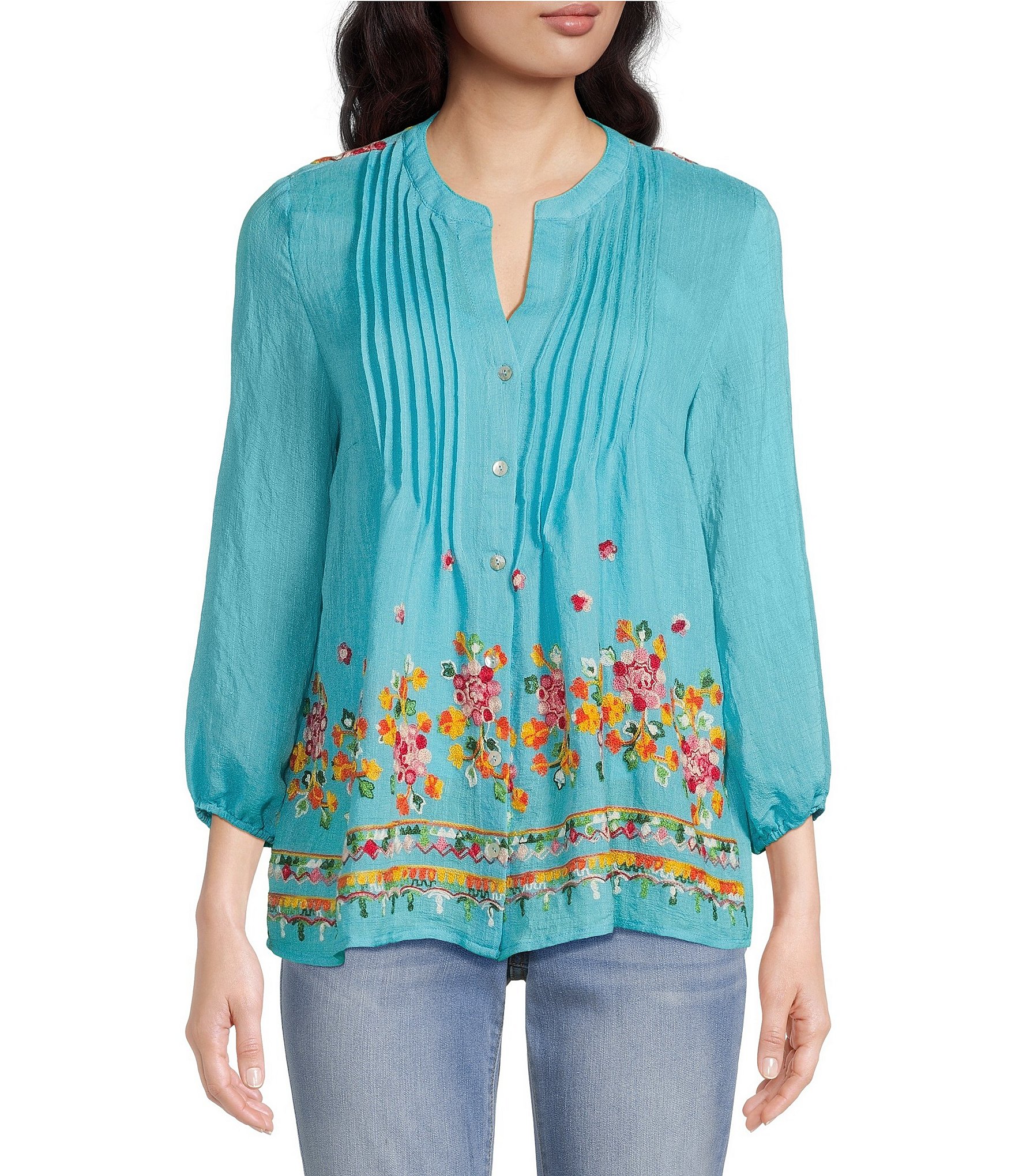 Figueroa & Flower Alayna Floral Embroidered Notch Neck 3/4 Sleeve Pleat ...