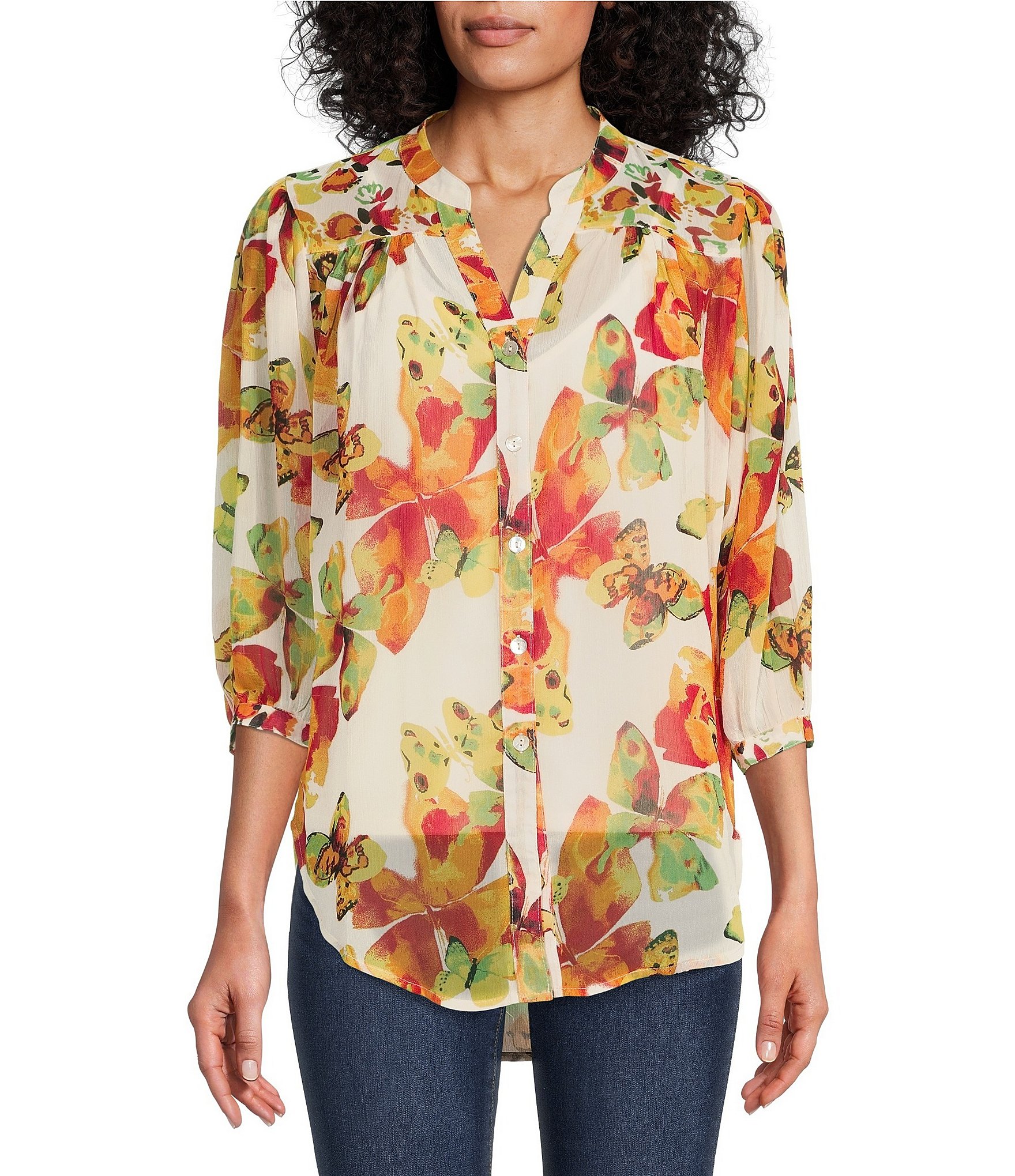 Figueroa & Flower Cecilia Banded V-Neck 3/4 Sleeve Button Tie Front Top ...