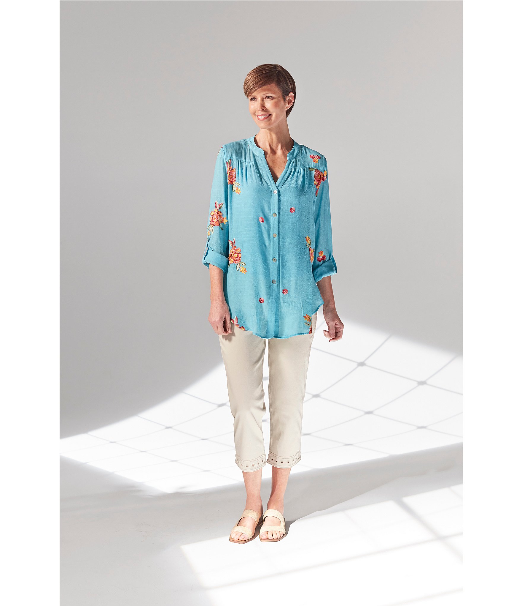 Figueroa & Flower Floral Embroidery Band Split V-Neck Roll-Tab Sleeve Button Down Shirt