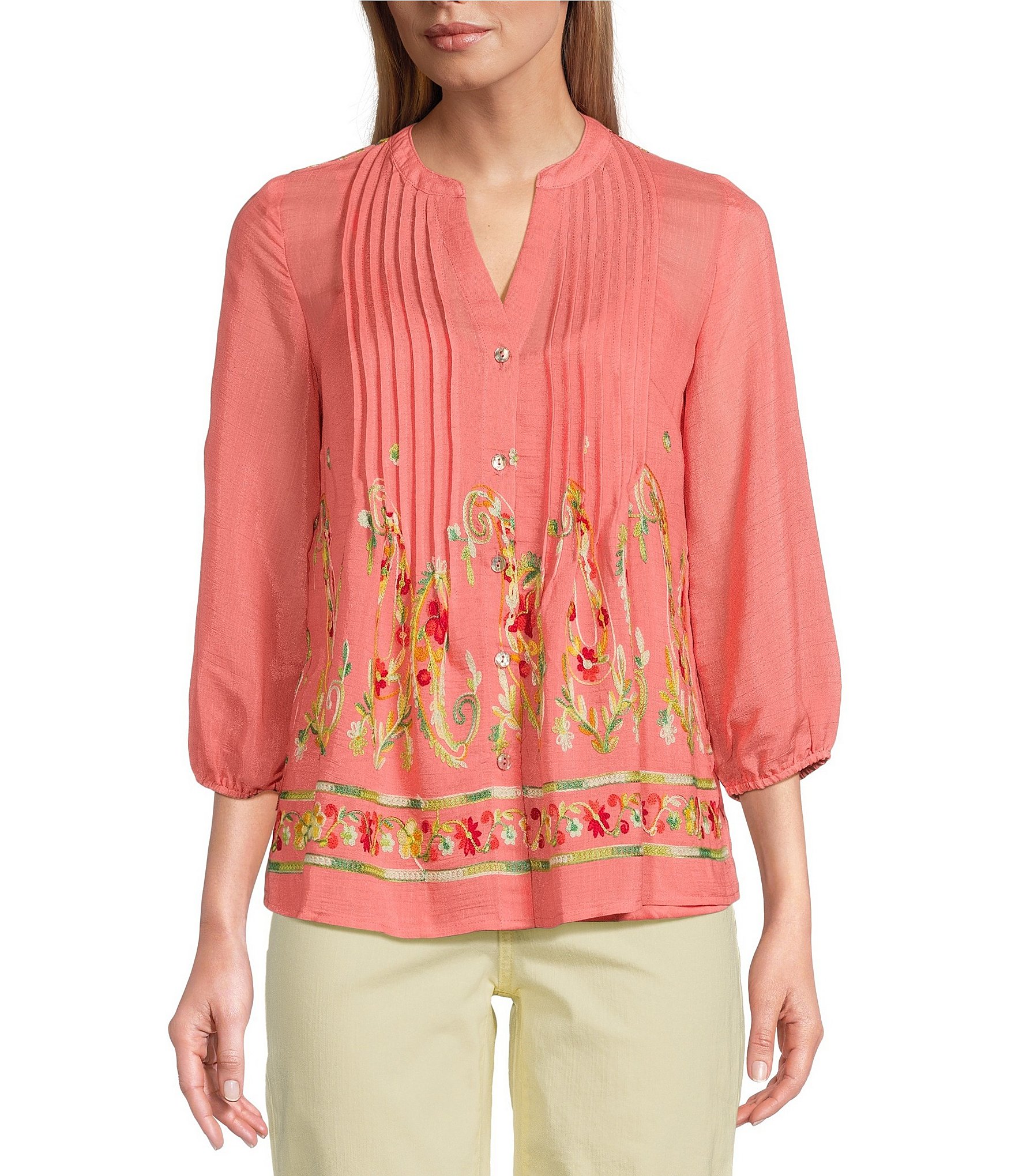 Figueroa & Flower Petite Size Woven Embroidery Band V-Neck Long Sleeve  Pintuck Detail Button-Front Shirt | Dillard's