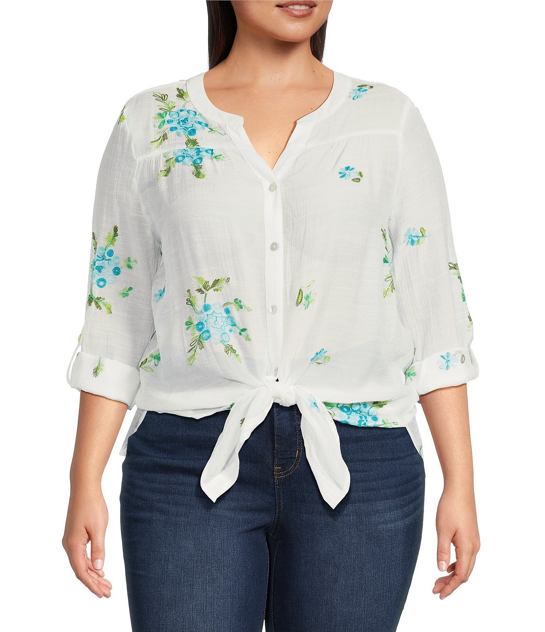 Figueroa & Flower Plus Size Roxy Floral Embroidered Band V-Neck Long ...