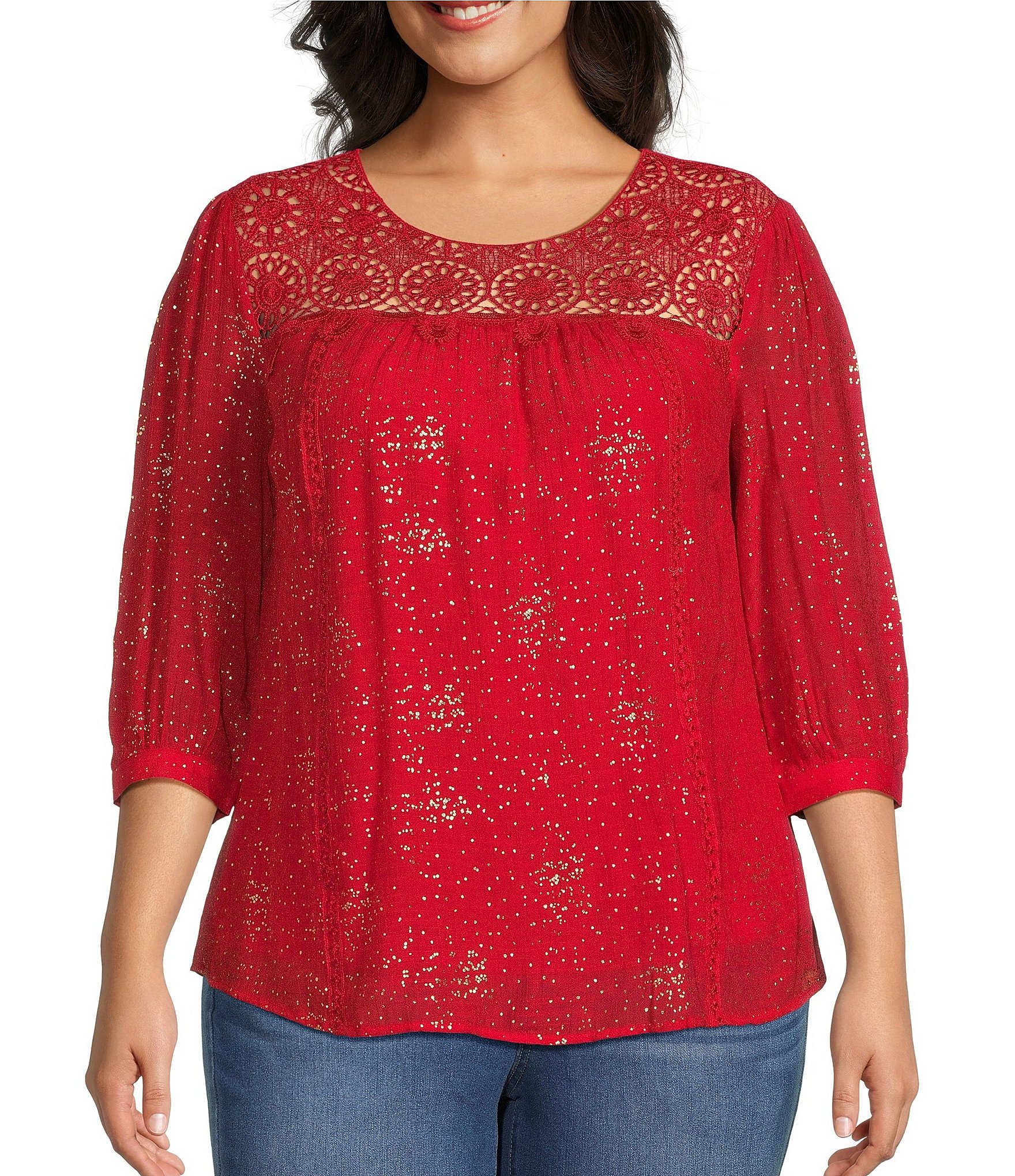 Figueroa & Flower Plus Size Sadie 3/4 Peasant Sleeve Jewel Neck Blouse ...