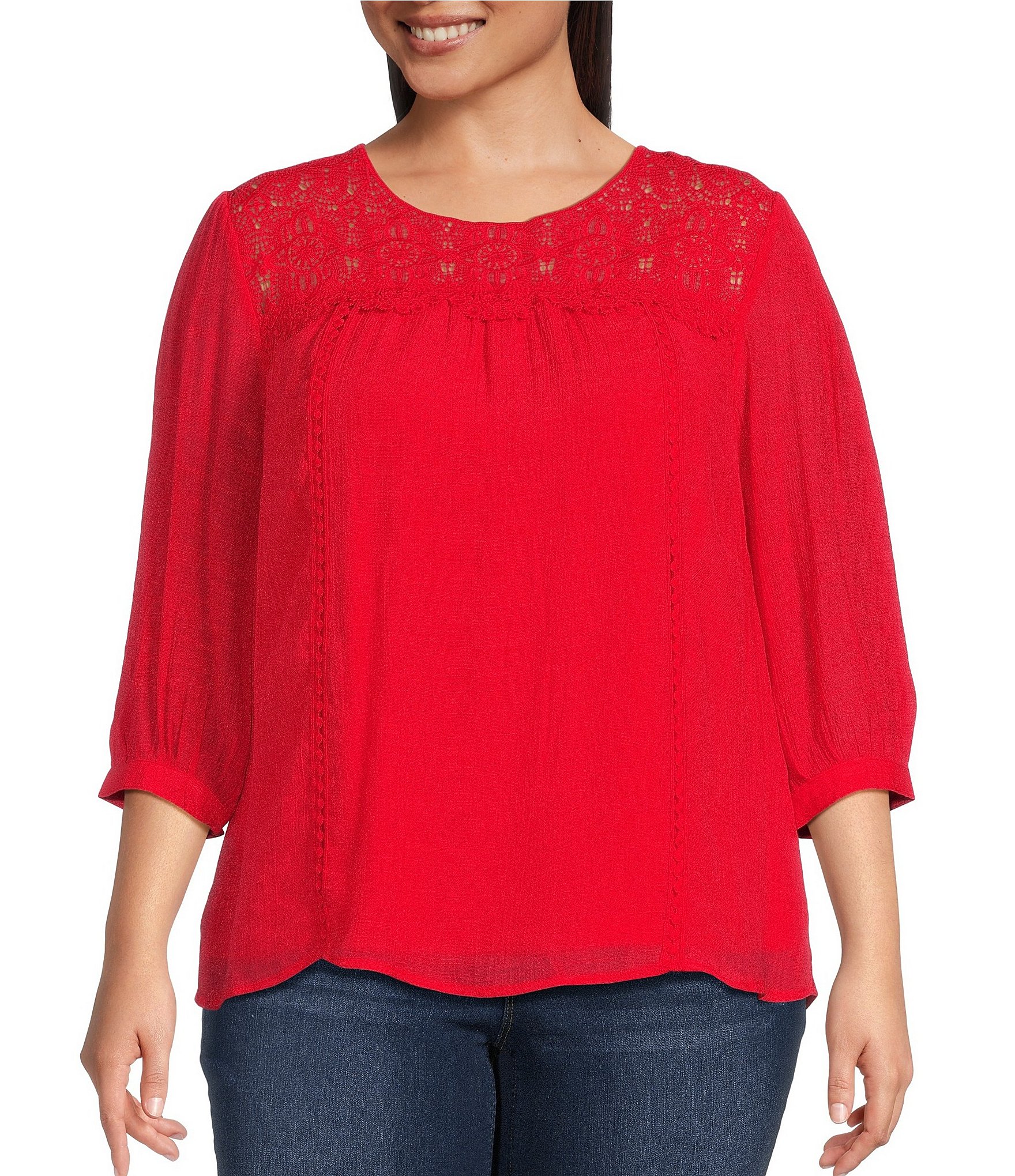 Figueroa & Flower Plus Size Sadie Lace Yoke 3/4 Peasant Sleeve Jewel ...